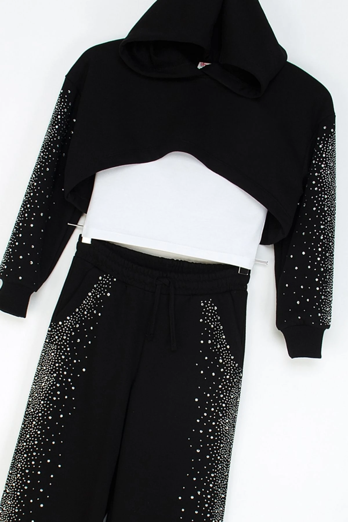 Kız Çocuk Siyah Taş İşlemeli FULL LOVE Yazılı Kapüşonlu İkili Eşofman Takımı