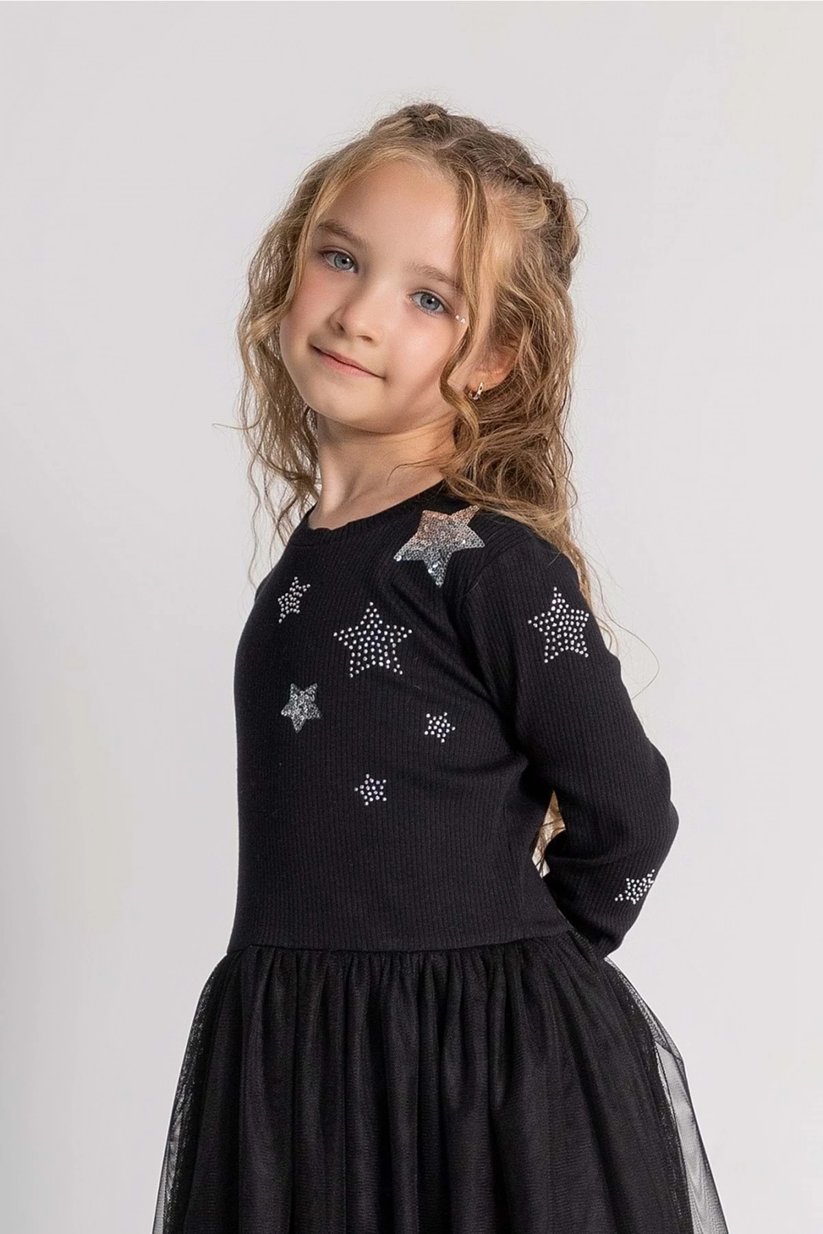 Önü Kolu Yıldız Payet Taş Baskılı Kız Çocuk Elbise Siyah