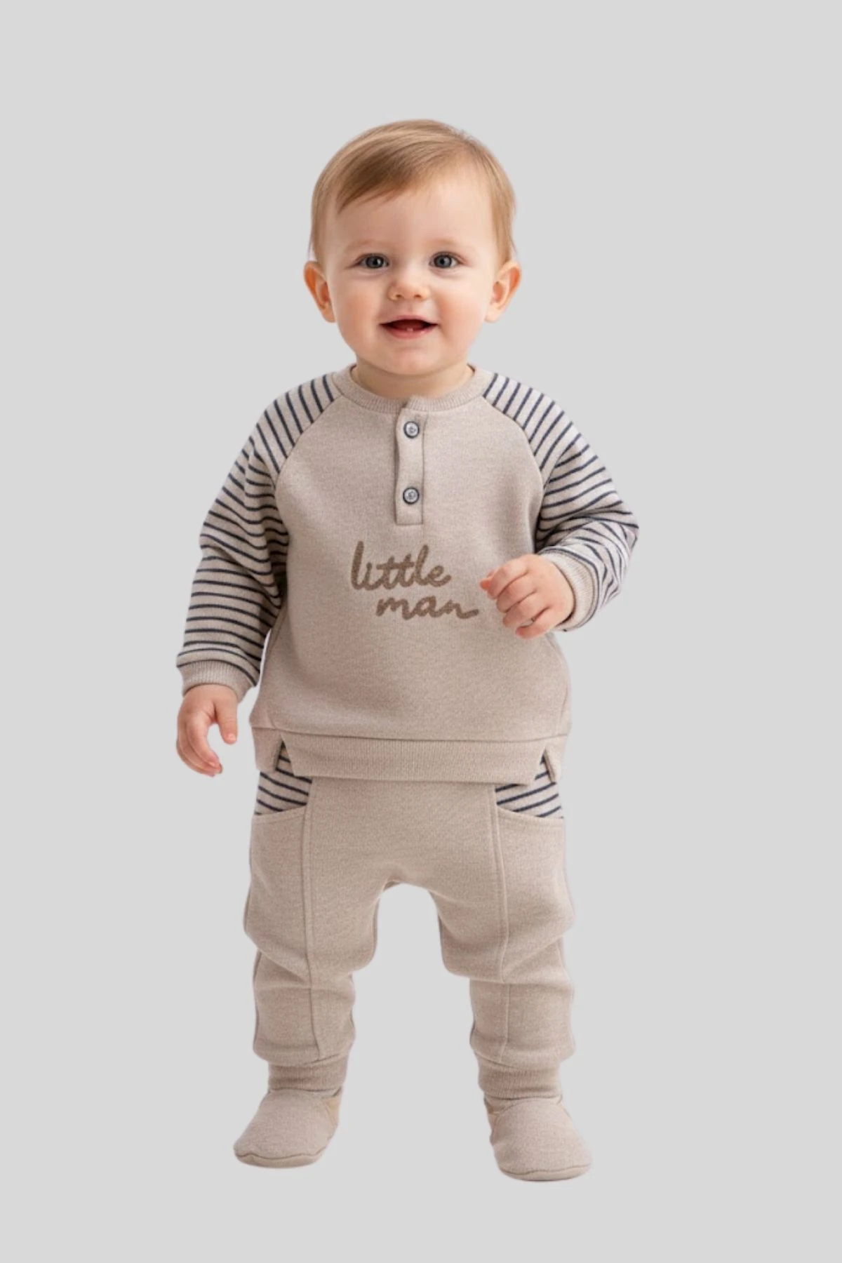 Önden Düğmeli Kolları Çizgili Erkek Bebek Takım