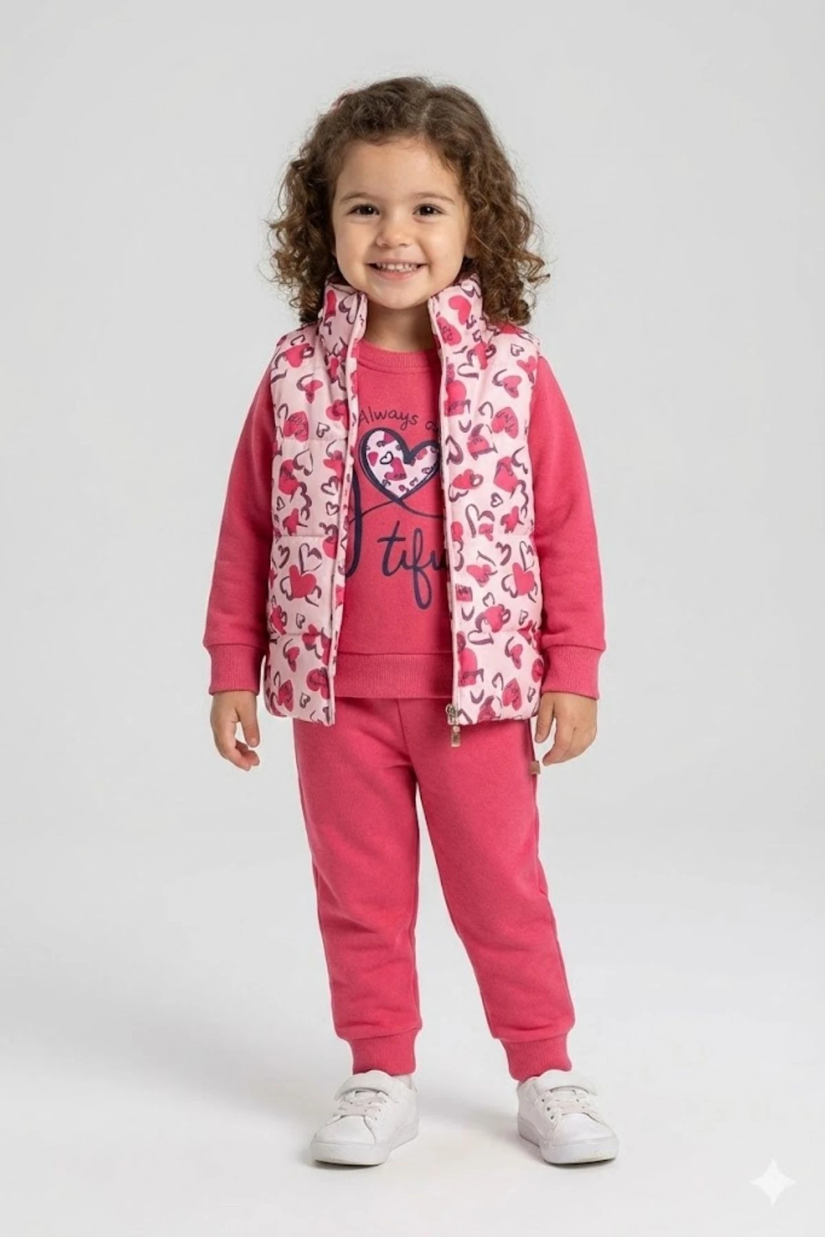 Kız Çocuk Pembe Kalp Desenli 3'lü Takım