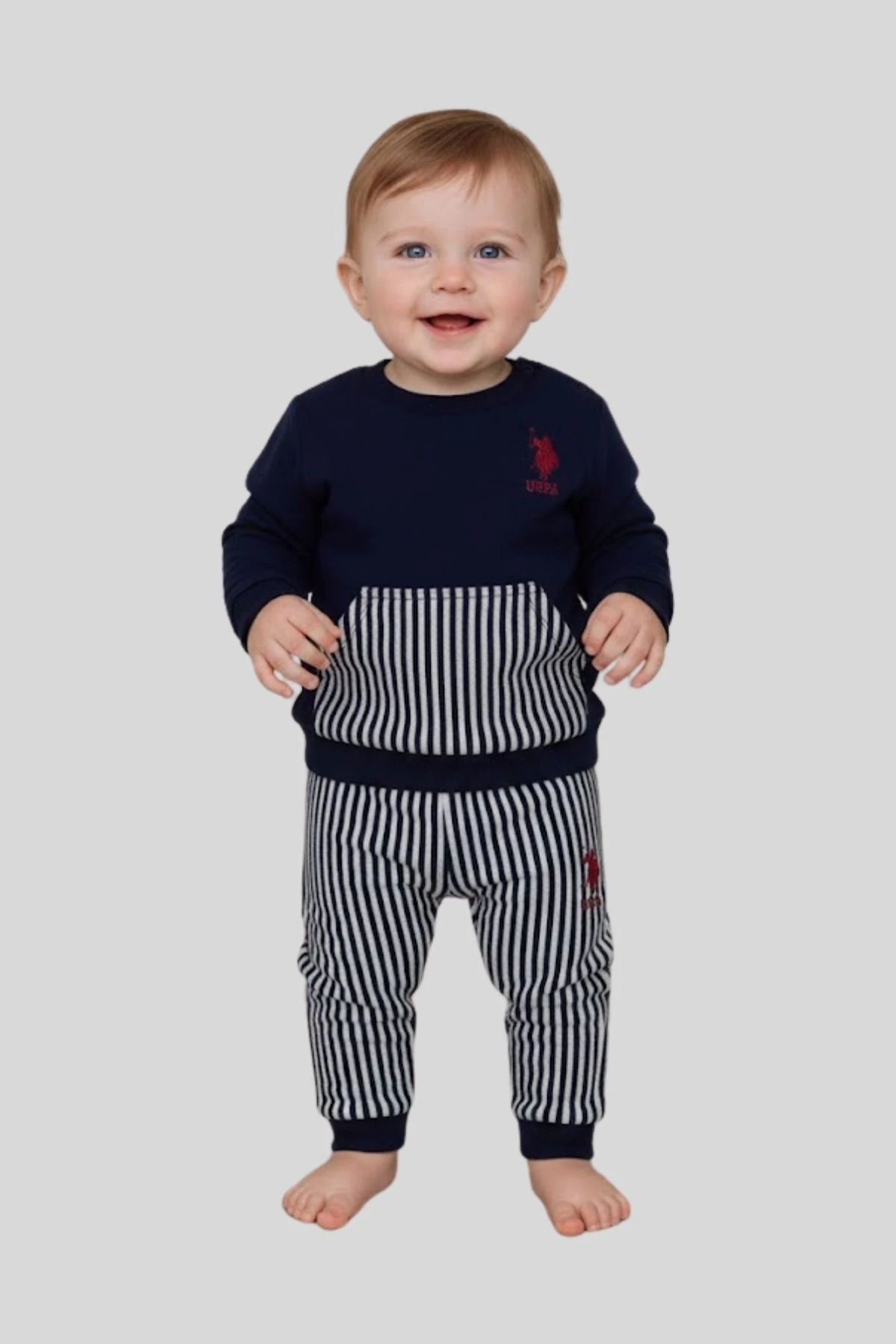 Kanguru Cepli Önü Nakışlı Çizgili Desenli Erkek Bebek Eşofman Takımı