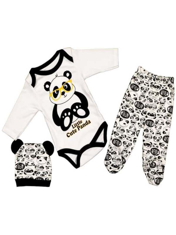 Panda Temalı 3’lü Bebek Takımı - Zıbın + Pantolon + Kulaklı Şapka