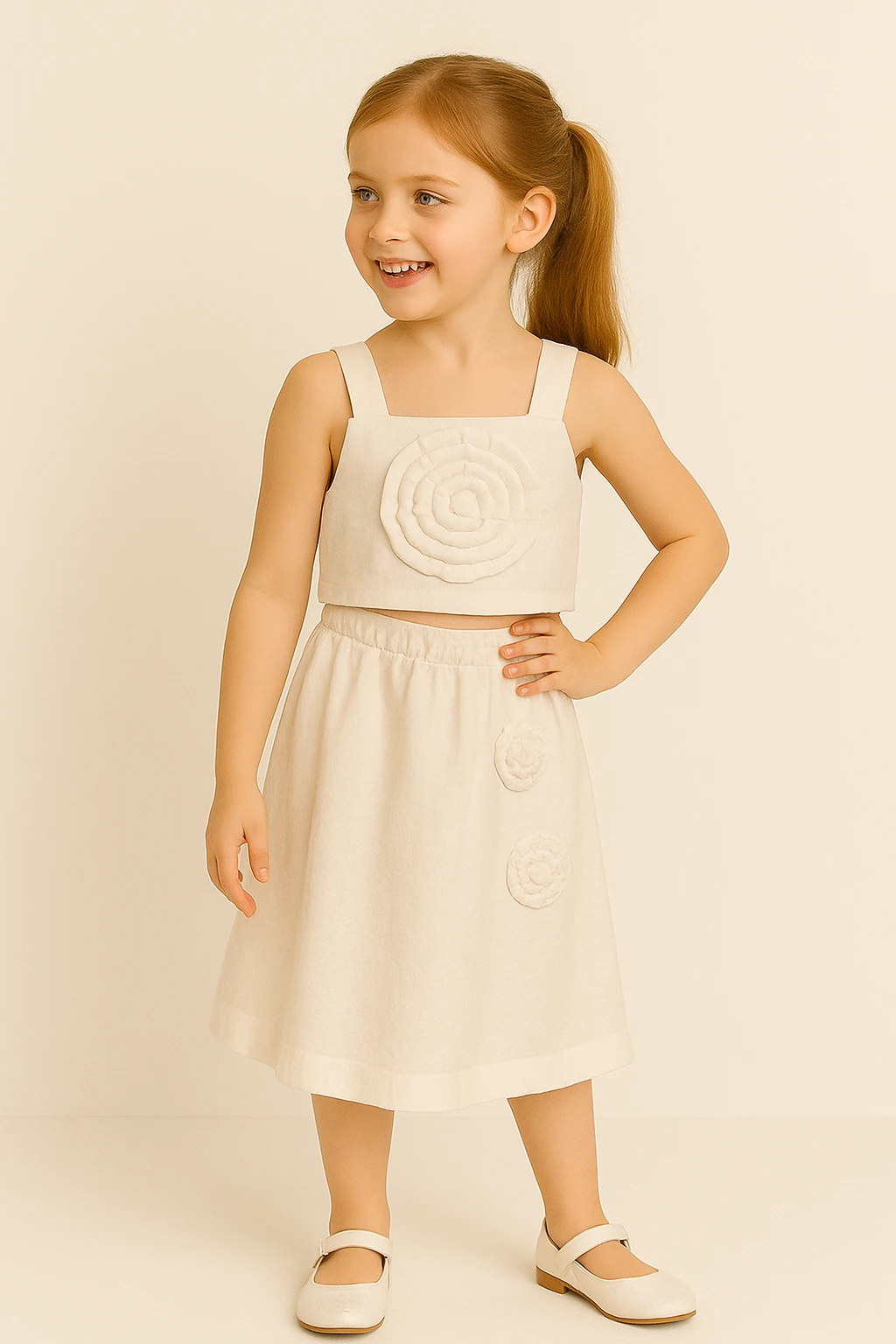 Kabartmalı Çiçek Detaylı Beyaz Askılı Crop Top ve Etek Kız Çocuk Takım