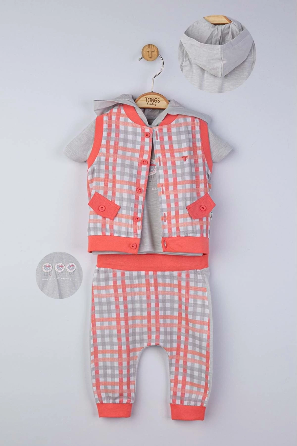 Kareli Yelekli Gri Bebek Takım (3 PARÇA)