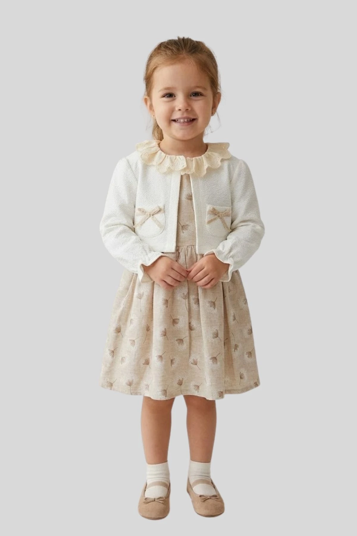 Çiçek Desenli Bolerolu Kız Çocuk Elbise