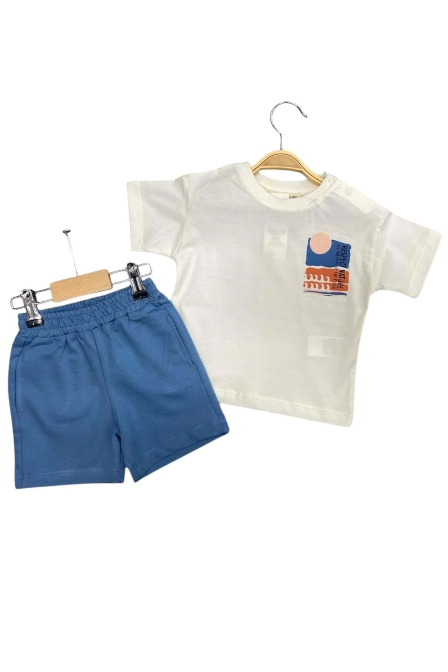 Cep Detaylı Baskılı Beyaz Tişört ve Mavi Şort Bebek/Çocuk Takım