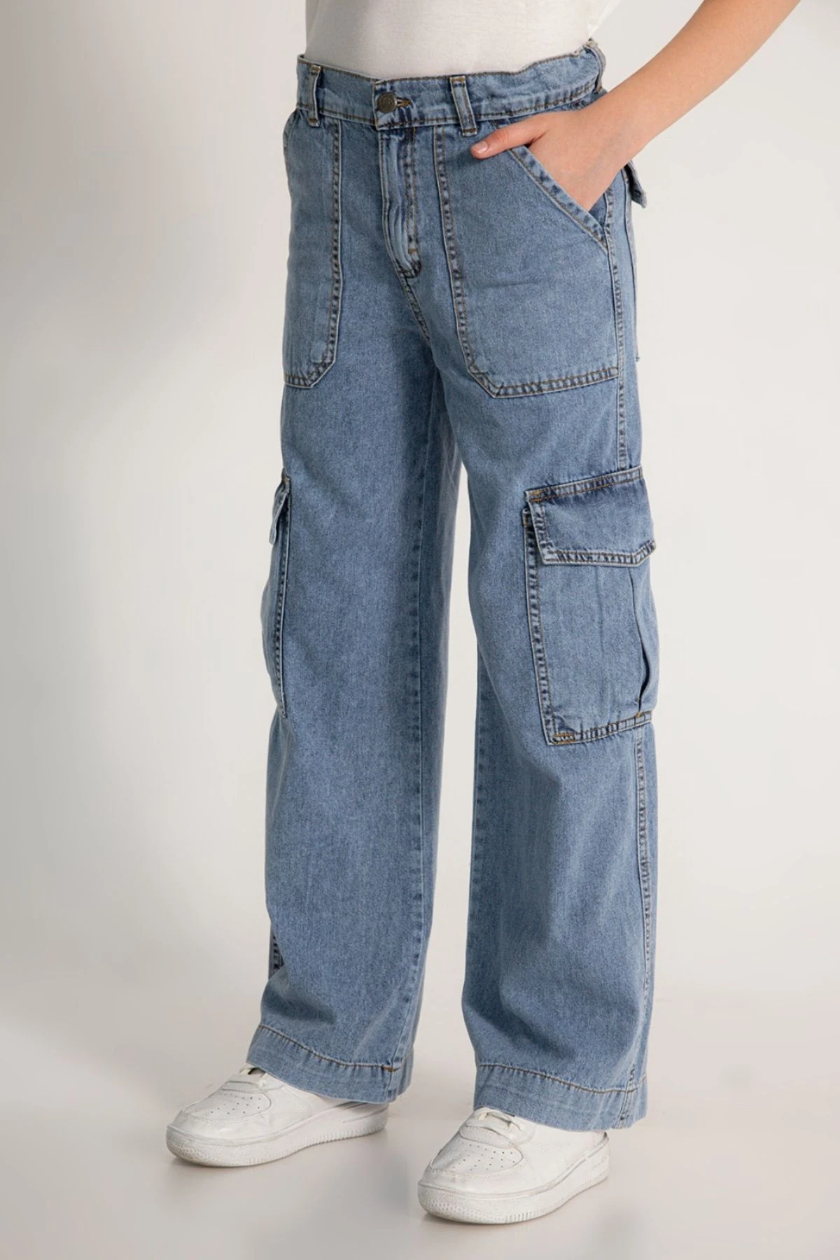 Kargo Cepli Ayarlanabilir Belli Kız Çocuk Kargo Kot Pantolon