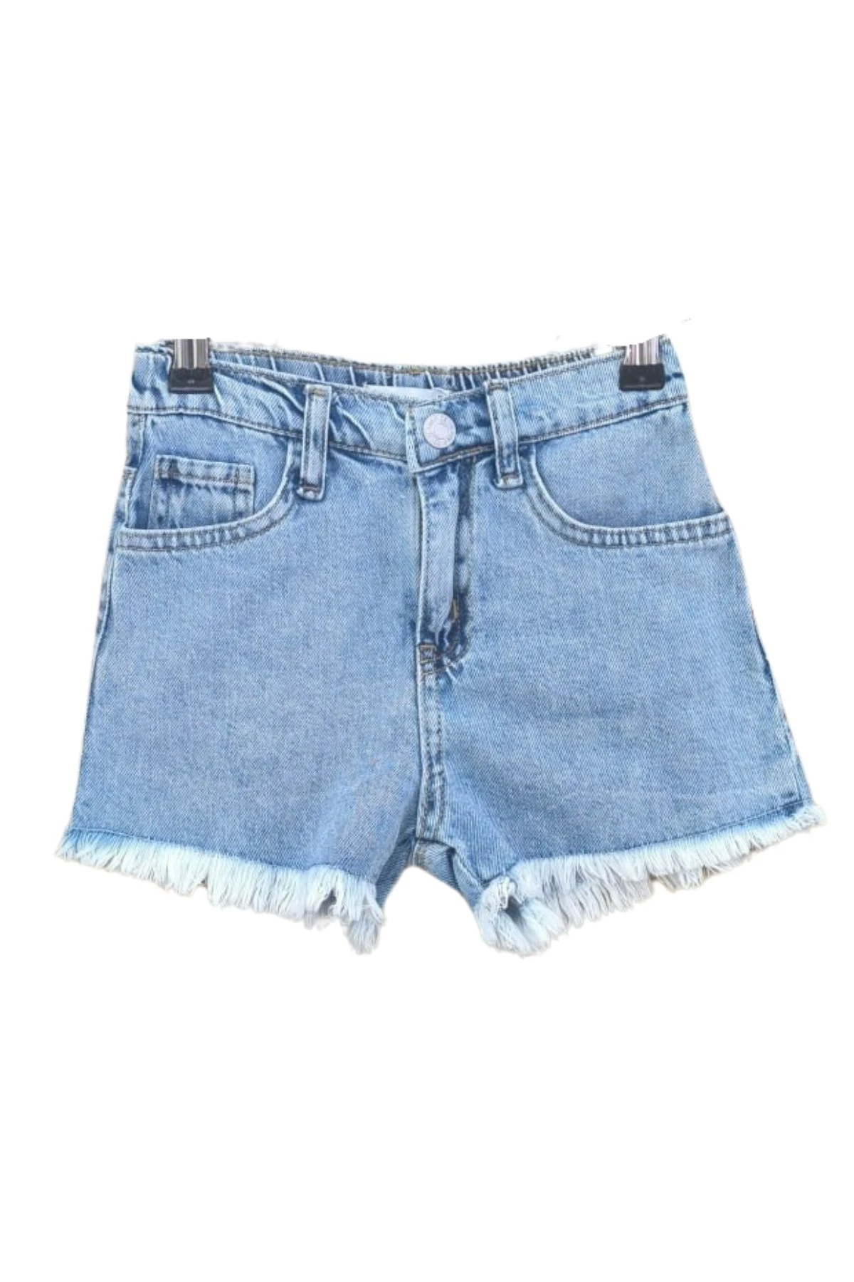 Püsküllü Kenarlı Açık Mavi Kız Çocuk Kot Şort
