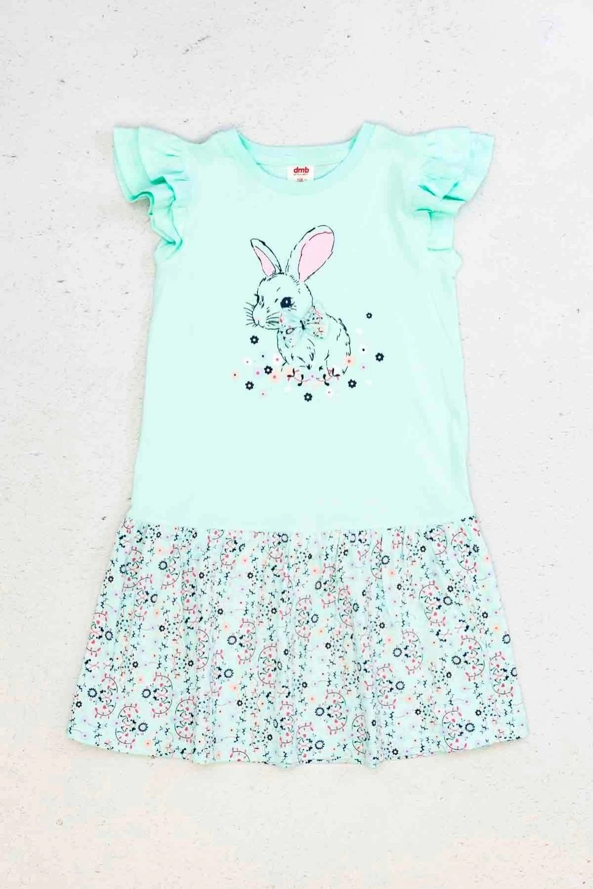 Tavşan Baskılı Lila Volanlı Etek Kız Çocuk Elbise - Mint