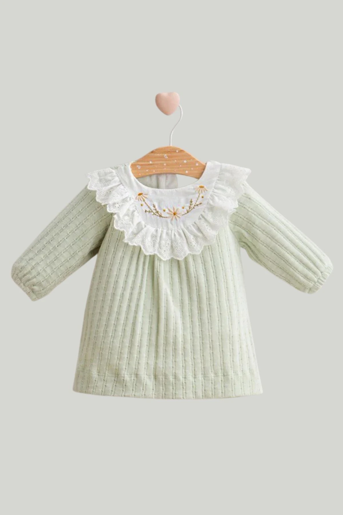 Çiçek İşlemeli Güpür Yakalı Kız Bebek Elbise