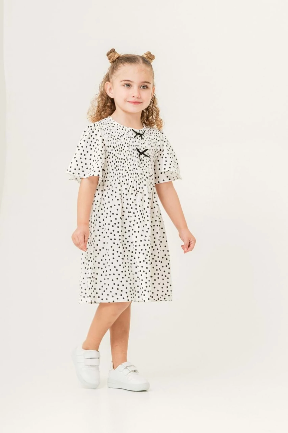 Puantiye Baskılı Fiyonk Detaylı Kız Çocuk Elbise - Beyaz