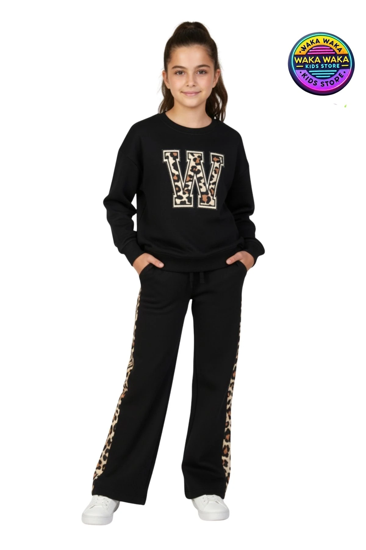 Kız Çocuk Leopar Detaylı W Baskılı Sweatshirt ve Geniş Paça Eşofman Takımı
