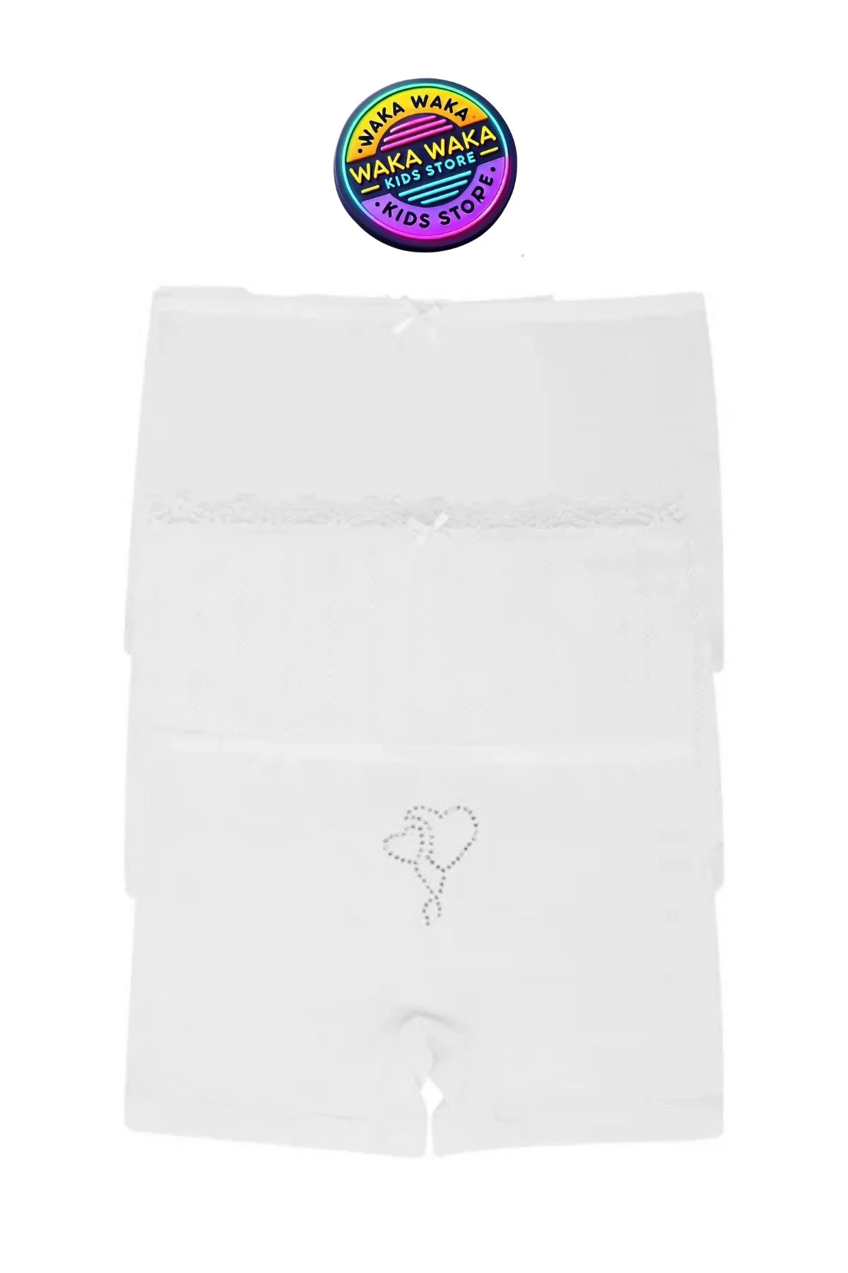 Kız Çocuk 3’lü Beyaz Boxer Seti – Dantelli ve Taş Detaylı Rahat İç Çamaşırı