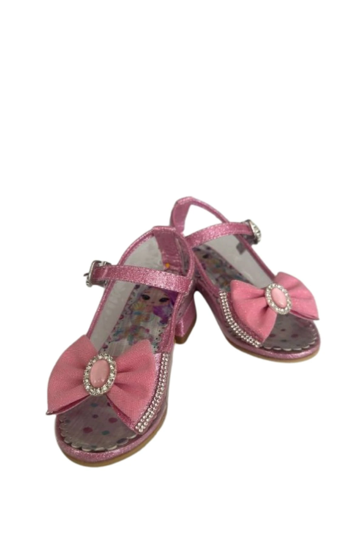 Fiyonk ve Taş Detaylı Pembe Kız Çocuk Topuklu Ayakkabı