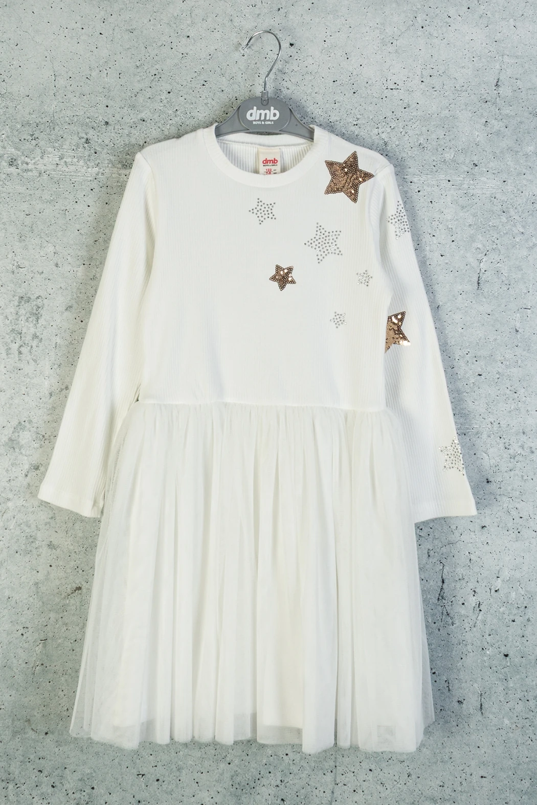 Önü Kolu Yıldız Payet Taş Baskılı Kız Çocuk Elbise