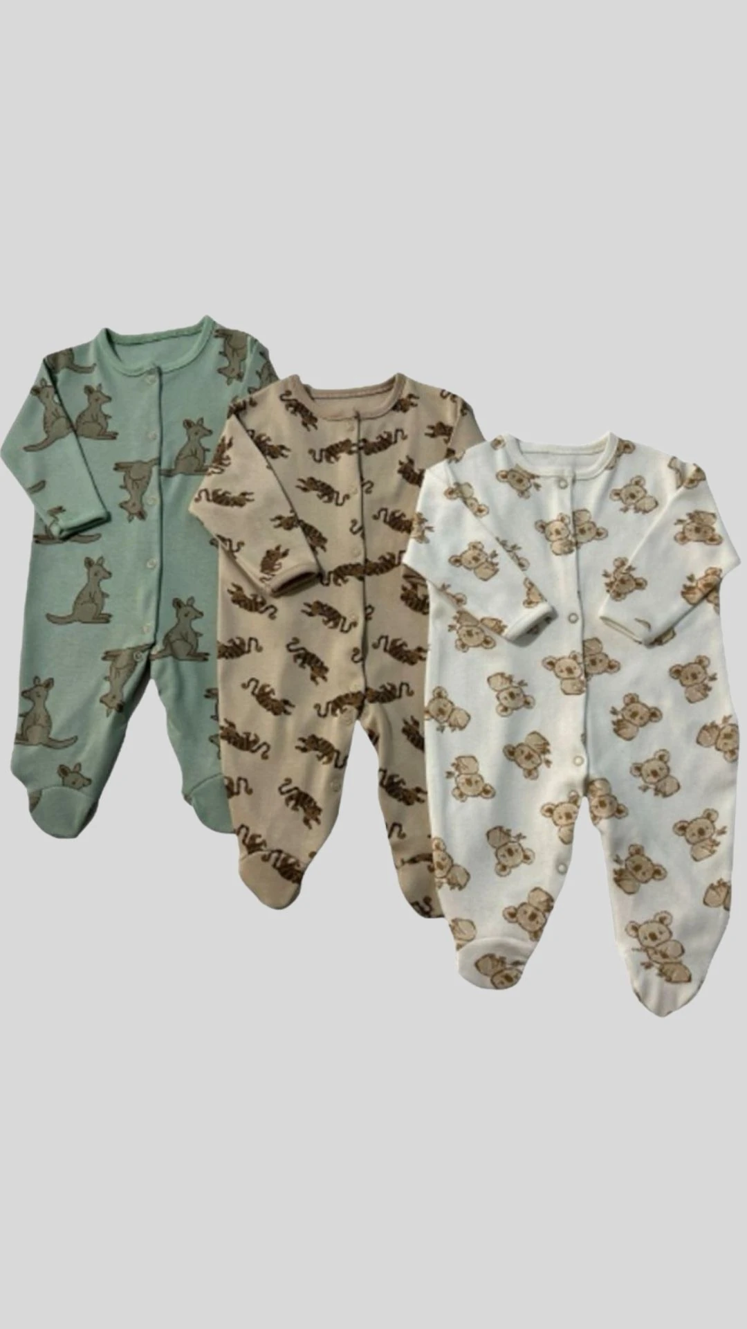 Sevimli Dostlar Panda Kanguru Baskılı Çıtçıt Kapamalı Patikli 3lü Set Ünisex Tulum