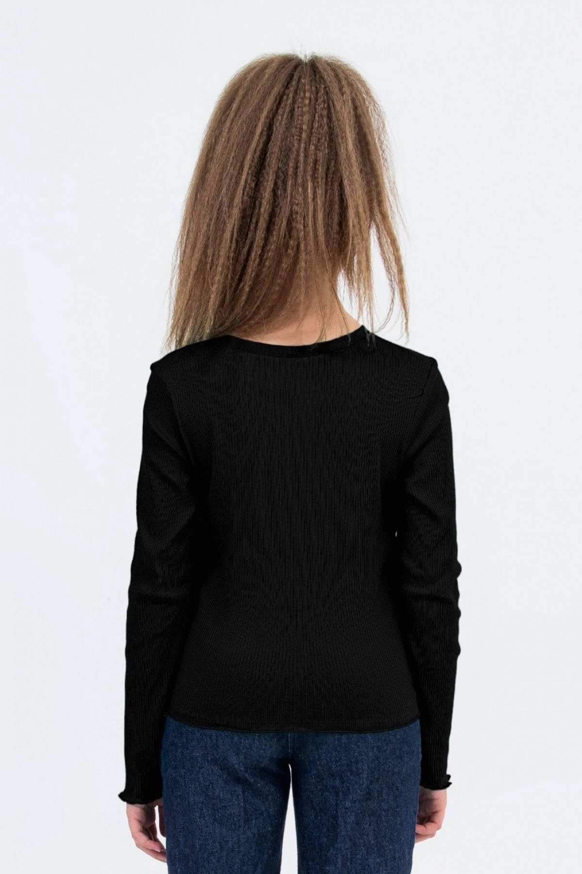 Kız Çocuk Uzun Kollu Ribana Tişört  Ekru & Siyah