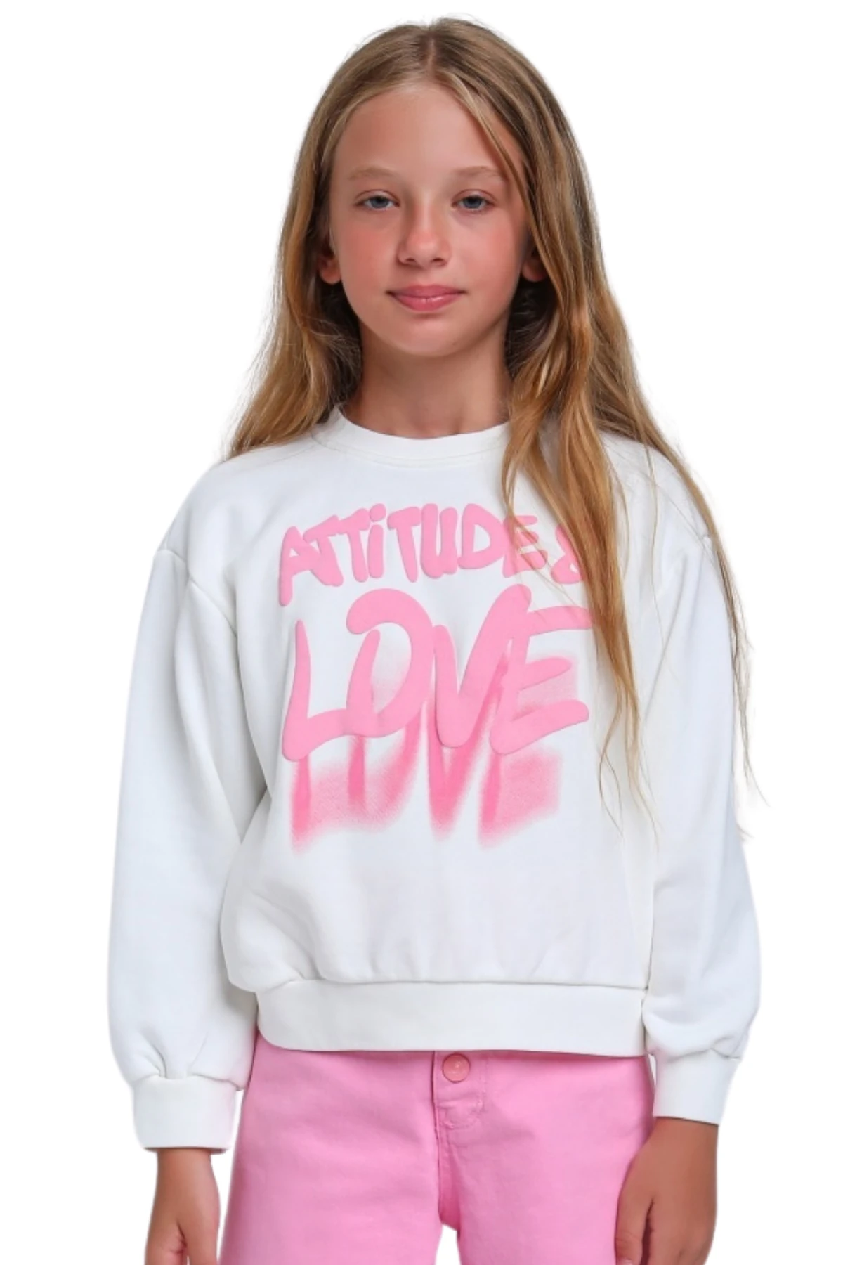 Önü Kabartma Baskılı Bisiklet Yaka Kız Çocuk Sweat