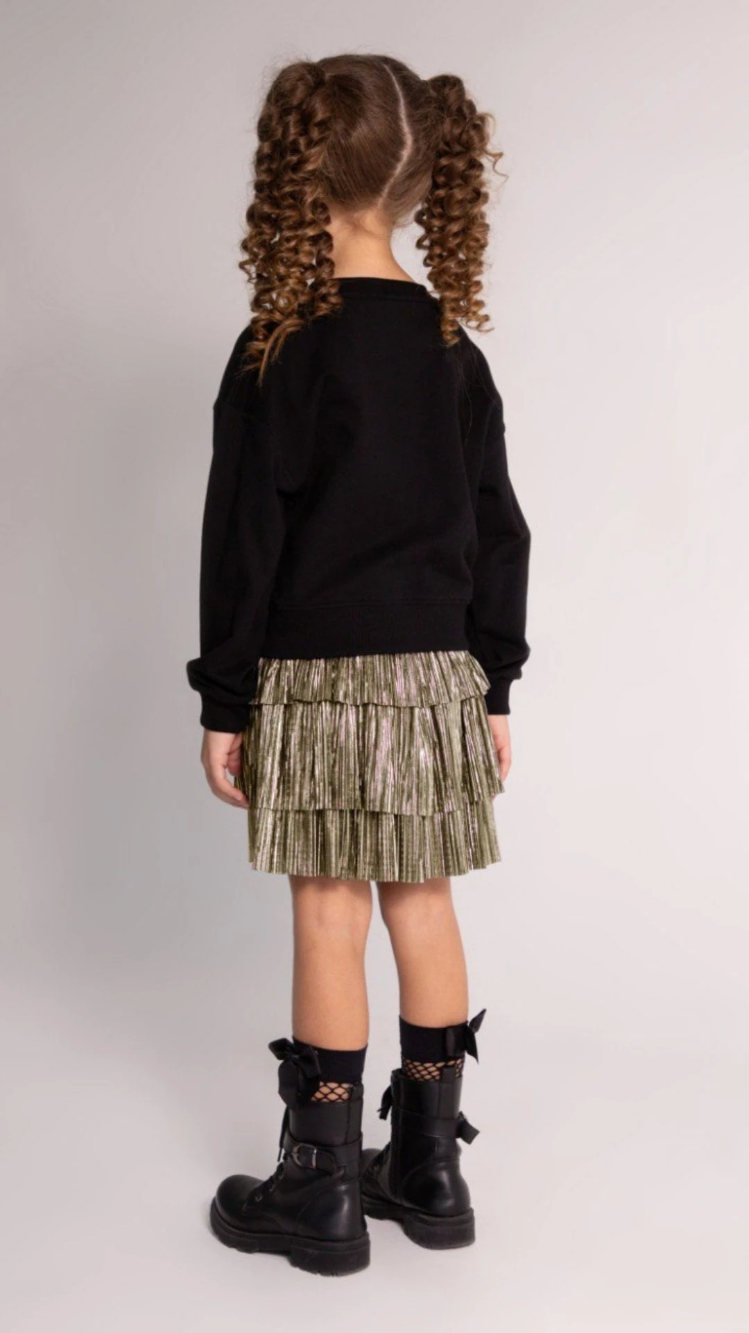 Parlak Kat Kat Etekli Sweat Önü Fiyonk Detaylı Kız Çocuk Etekli Takım