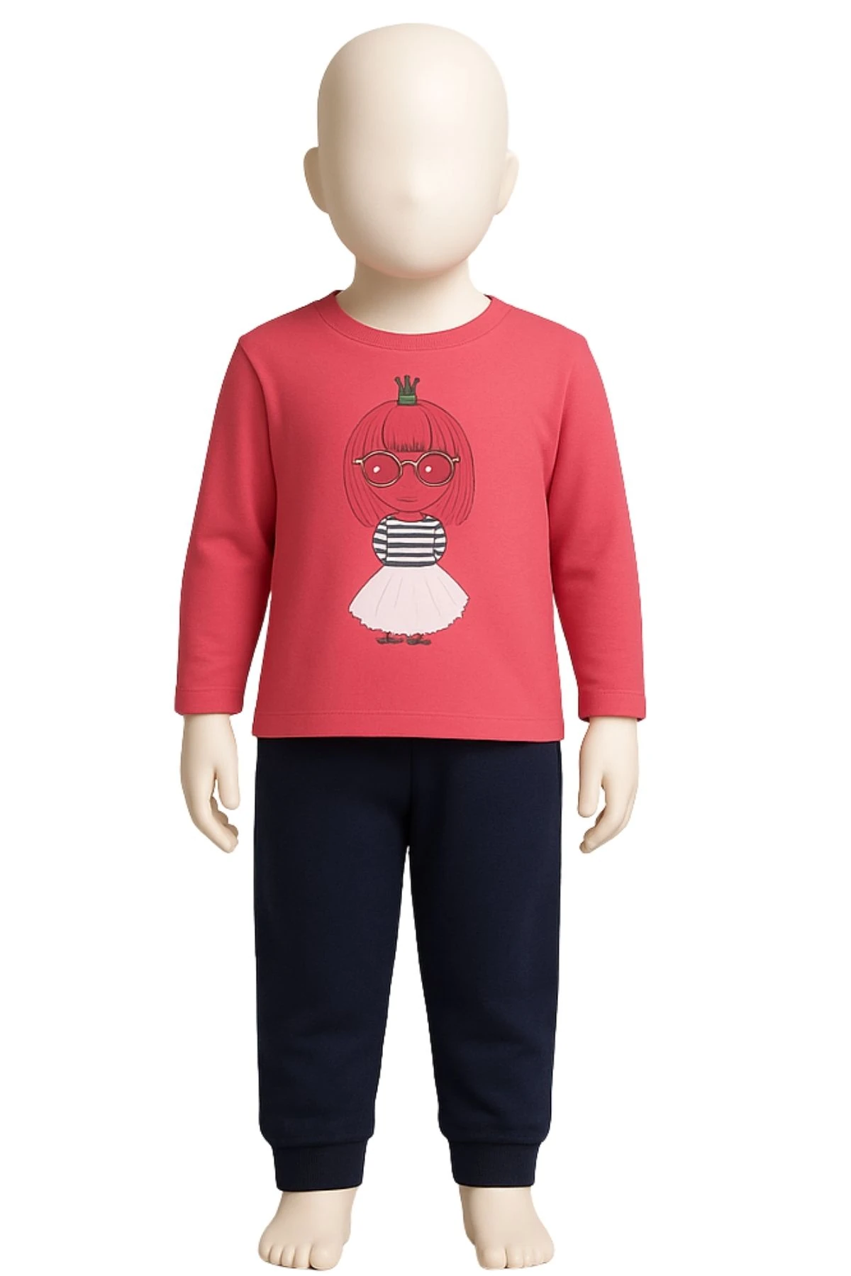 Kız Çocuk Önü Baskılı Paçaları Lastikli Pijama Takımı