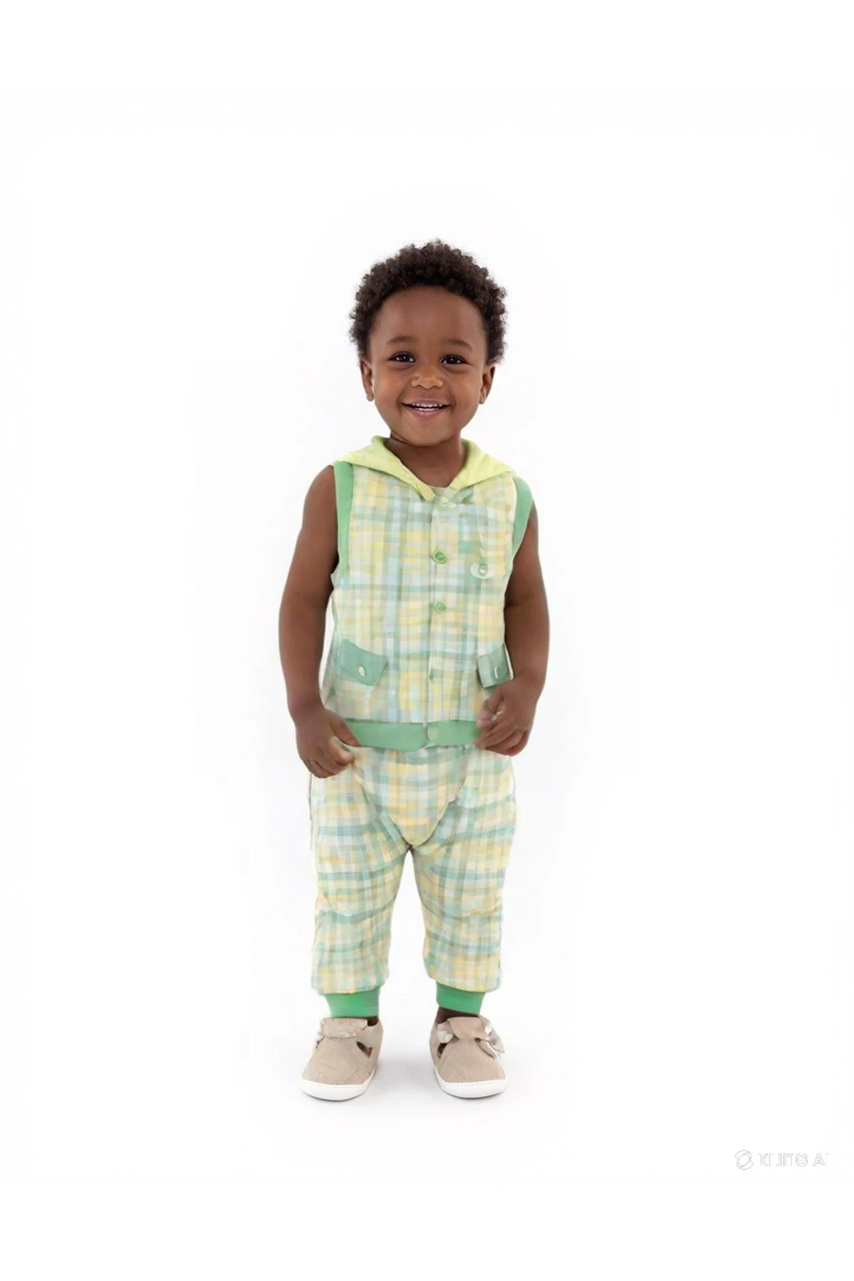 Kareli Yelekli Gri Bebek Takım (3 PARÇA)