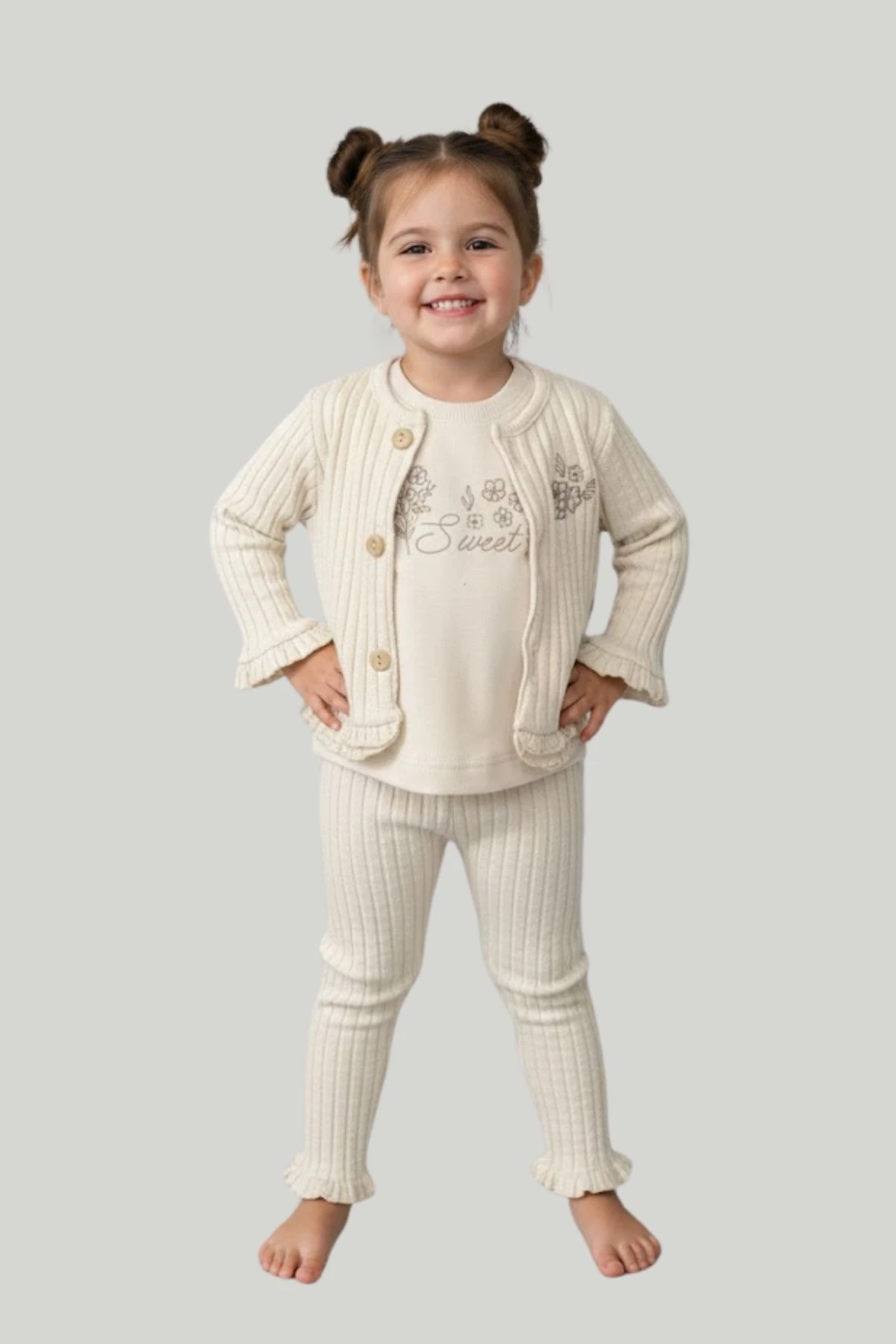 Kalın Fitilli Nakışlı Hırka Uzunkollu Badi Pantolonlu 3lü Kız Bebek Takım