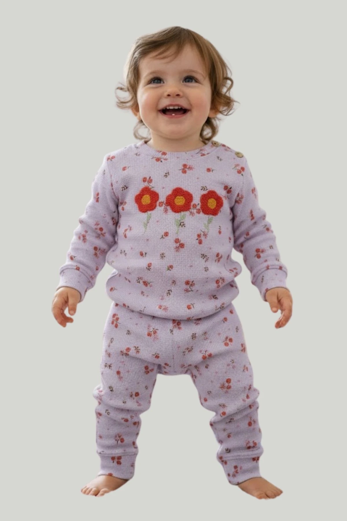 Çiçek Aplikeli Omuzdan Düğmeli Kız Bebek Alt Üst Takım