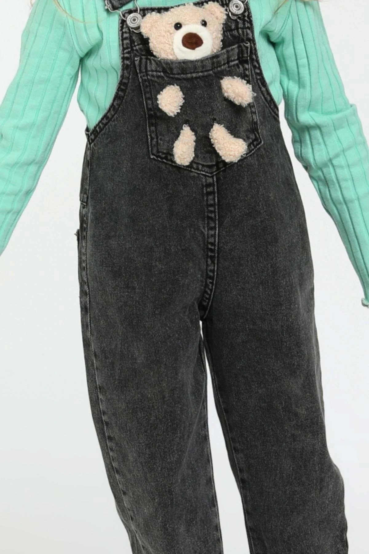 Göğüs Cepli Ayıcıklı Ayarlanabilir Askılı Kız Bebek Kot Tulum- 18-24 Ay