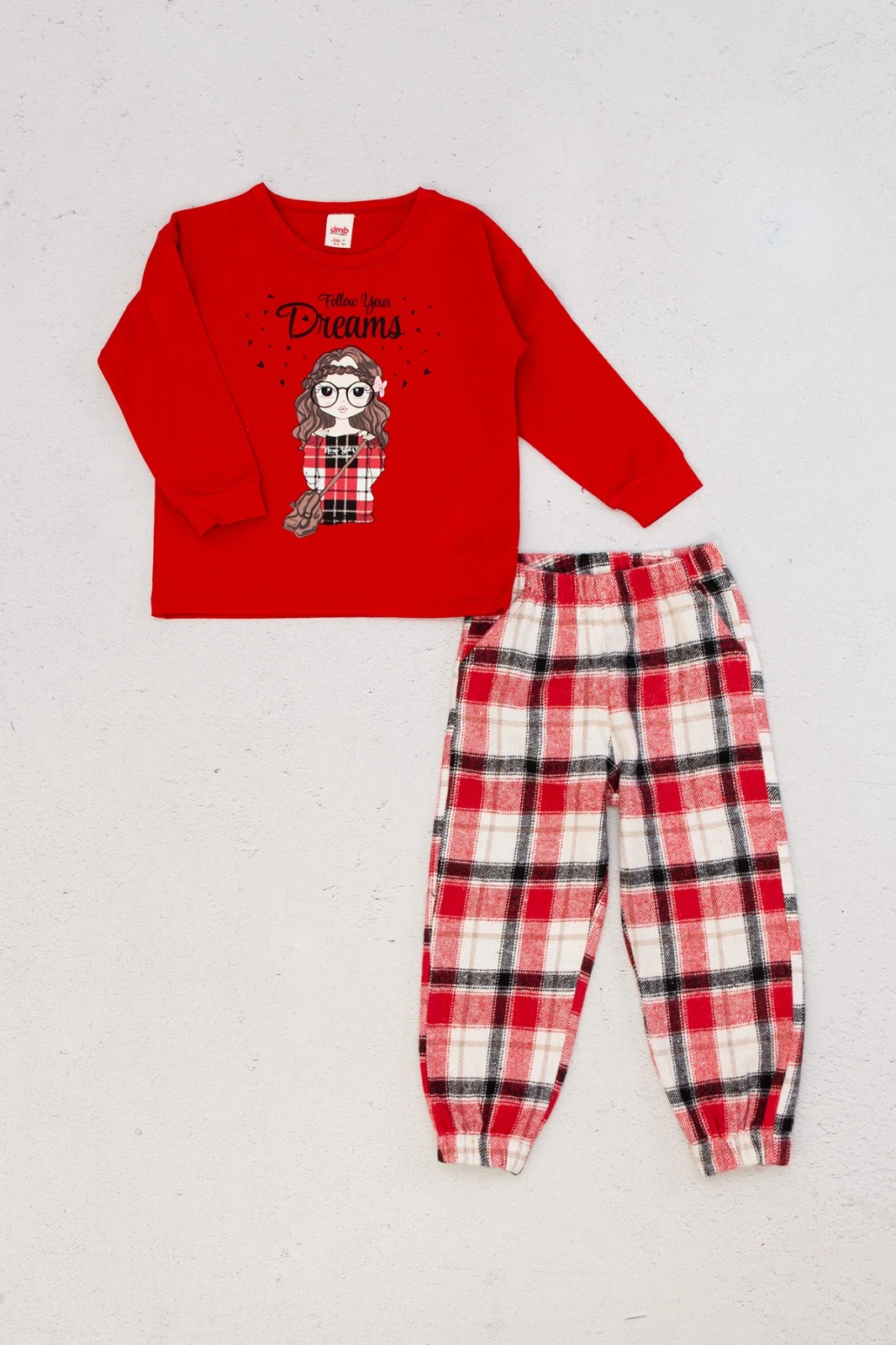 Kız Çocuk Önü Baskılı Ekose Desenli Pantolonlu Pijama Takımı