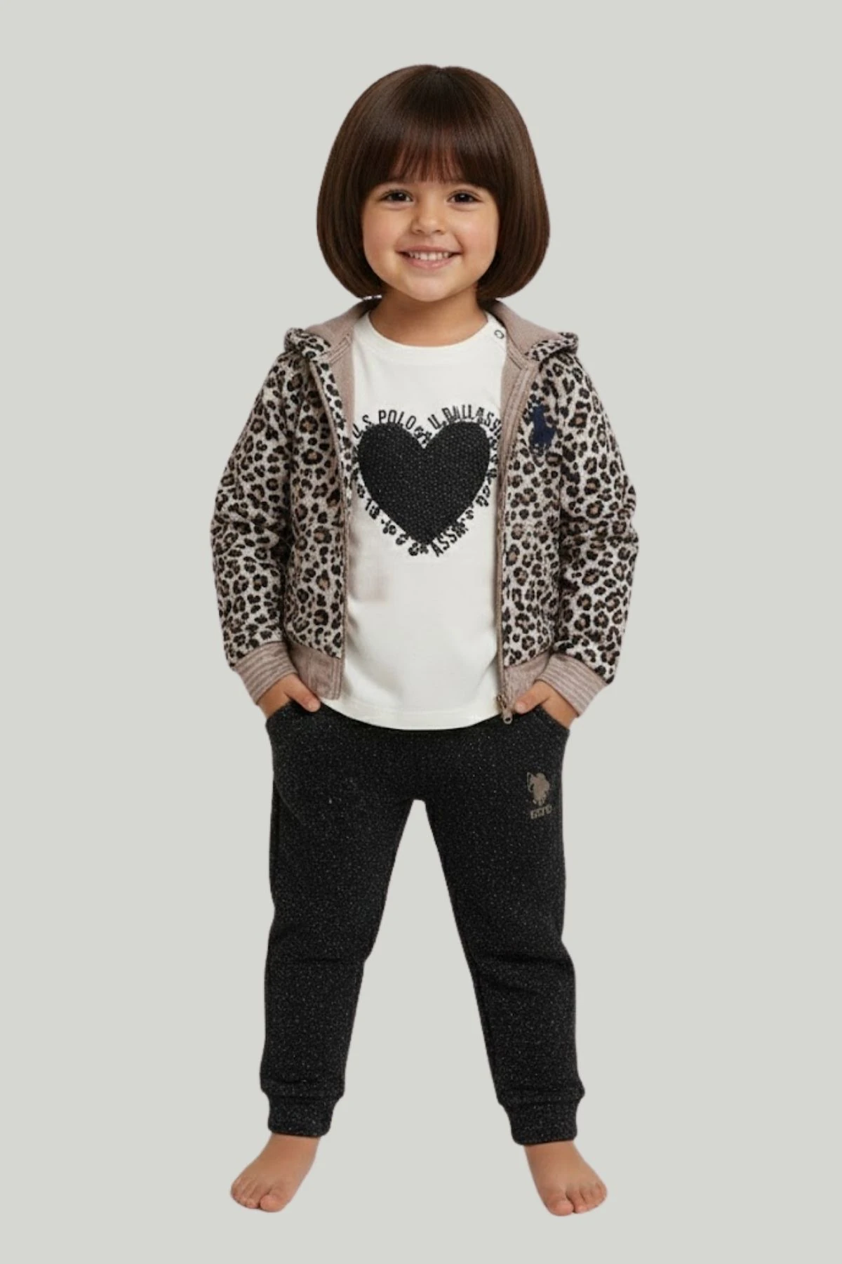 Tişörtü Baskılı Leopar Desen Hırkalı Kız Bebek 3Lü Takım