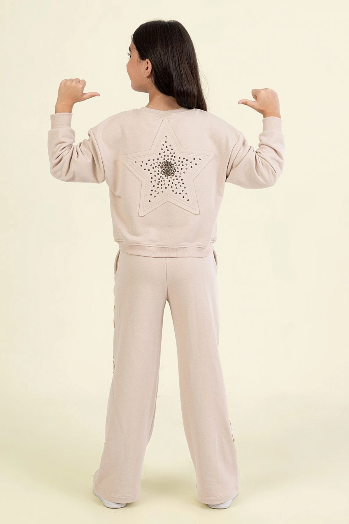 Kız Çocuk Taş Detaylı Yıldız Desenli İkili Takım – Sweatshirt & Eşofman Altı