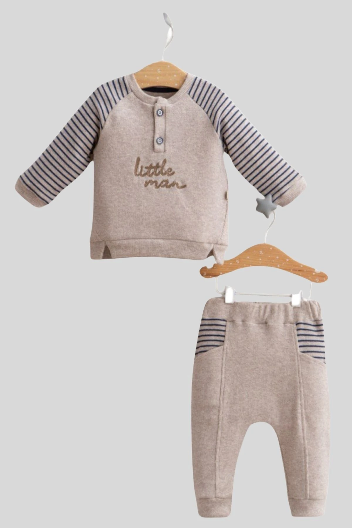 Önden Düğmeli Kolları Çizgili Erkek Bebek Takım