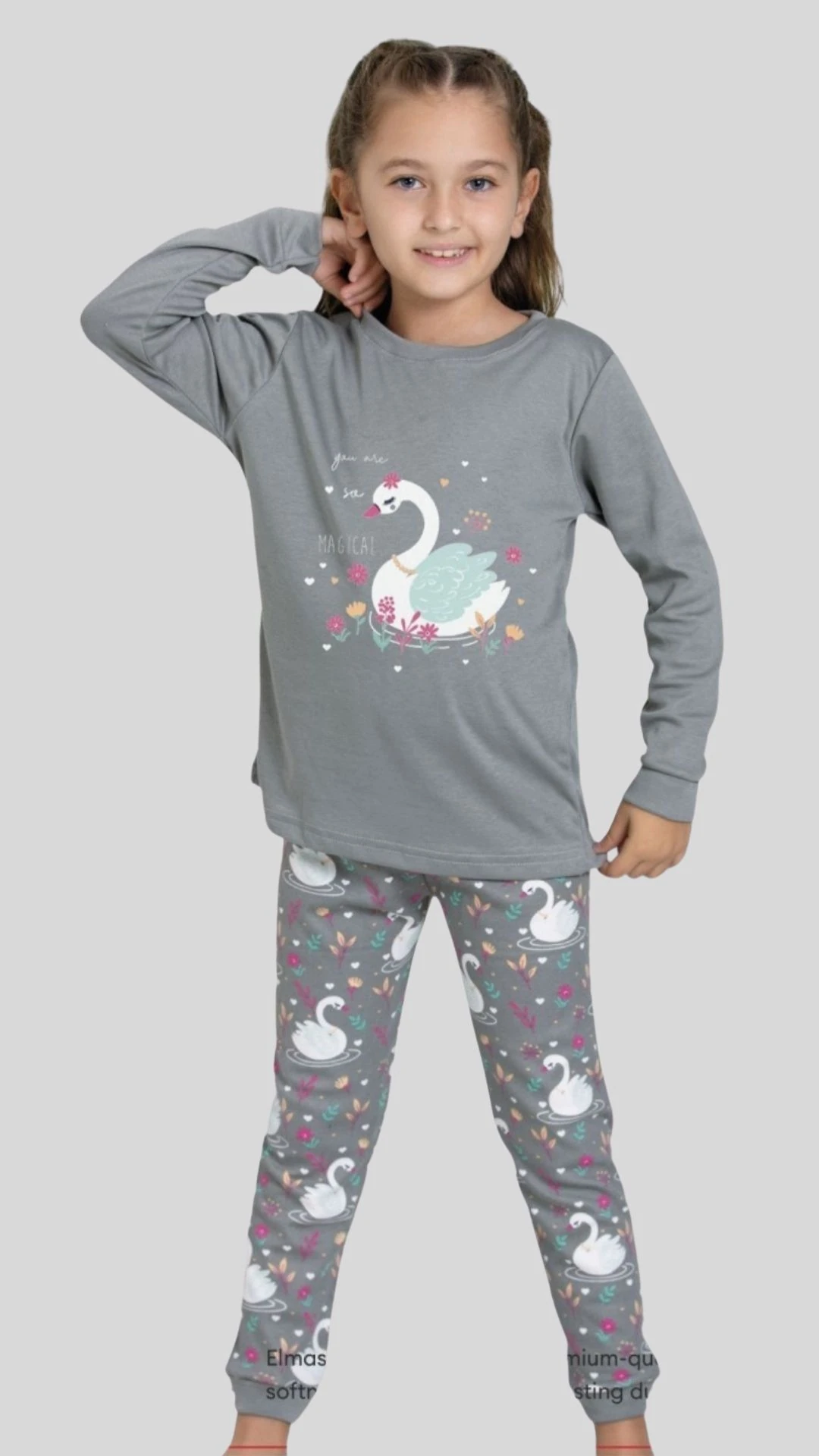 Kuğu Baskılı Bisiklet Yaka Kız Çocuk Pijama Takım