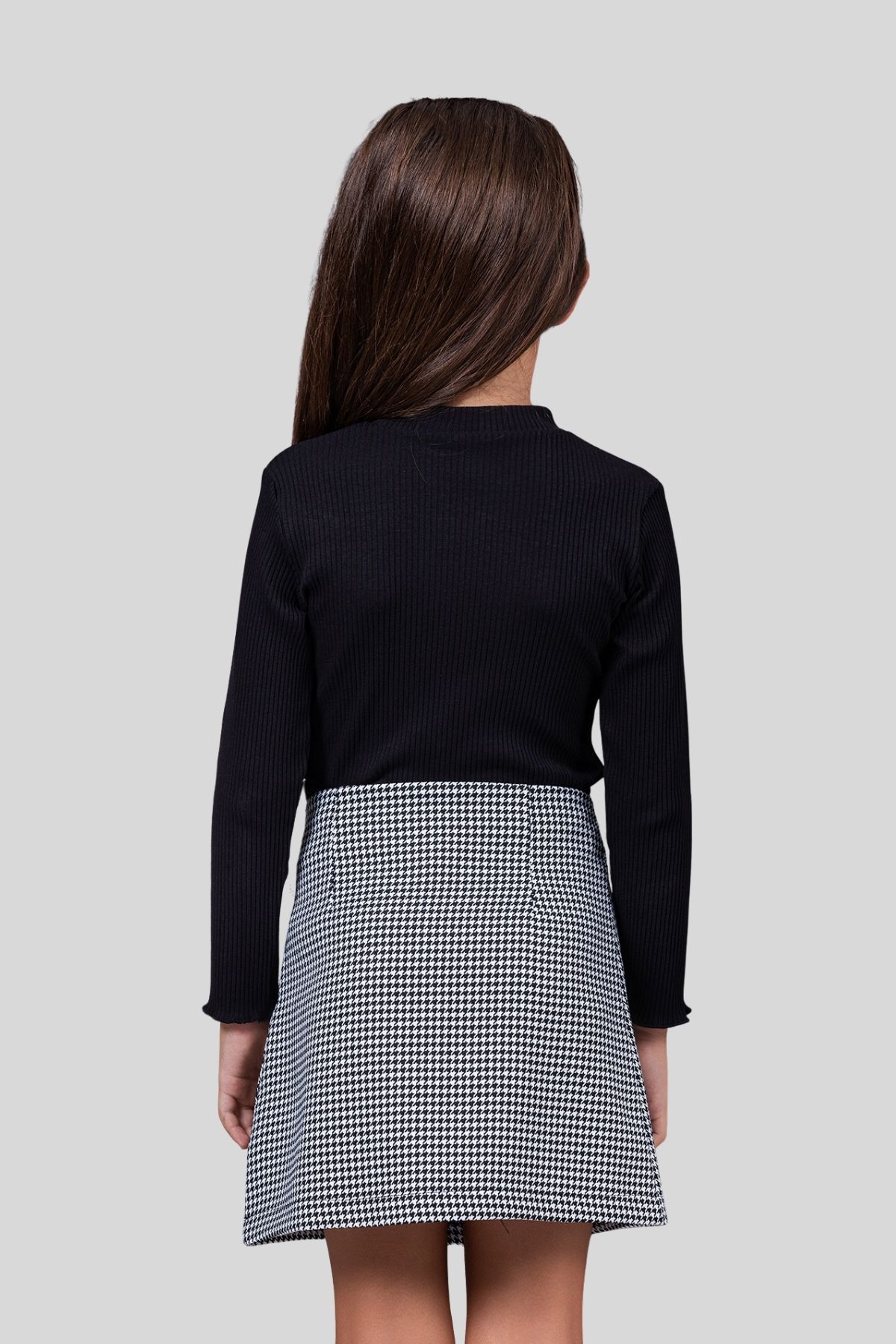 Kaz Ayağı Desenli Önden Düğmeli Etek  Kedi Baskılı Badili Kız Çocuk Takım