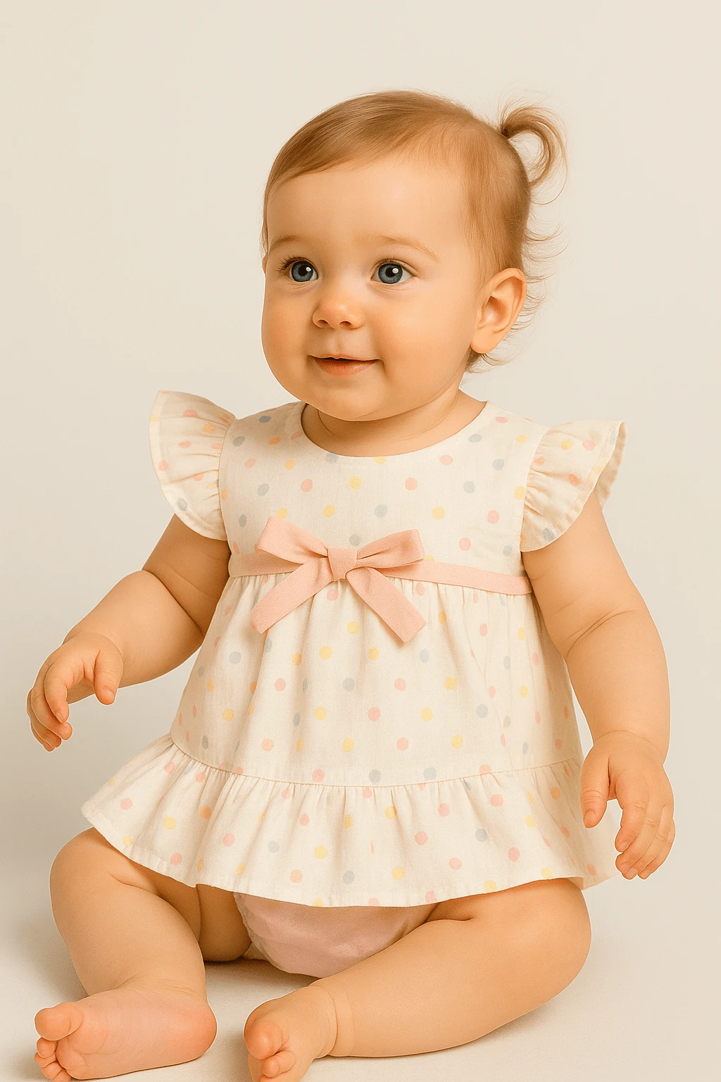 Puantiye Baskılı Önü Fiyonk Detaylı Astarlı Kız Bebek Elbise