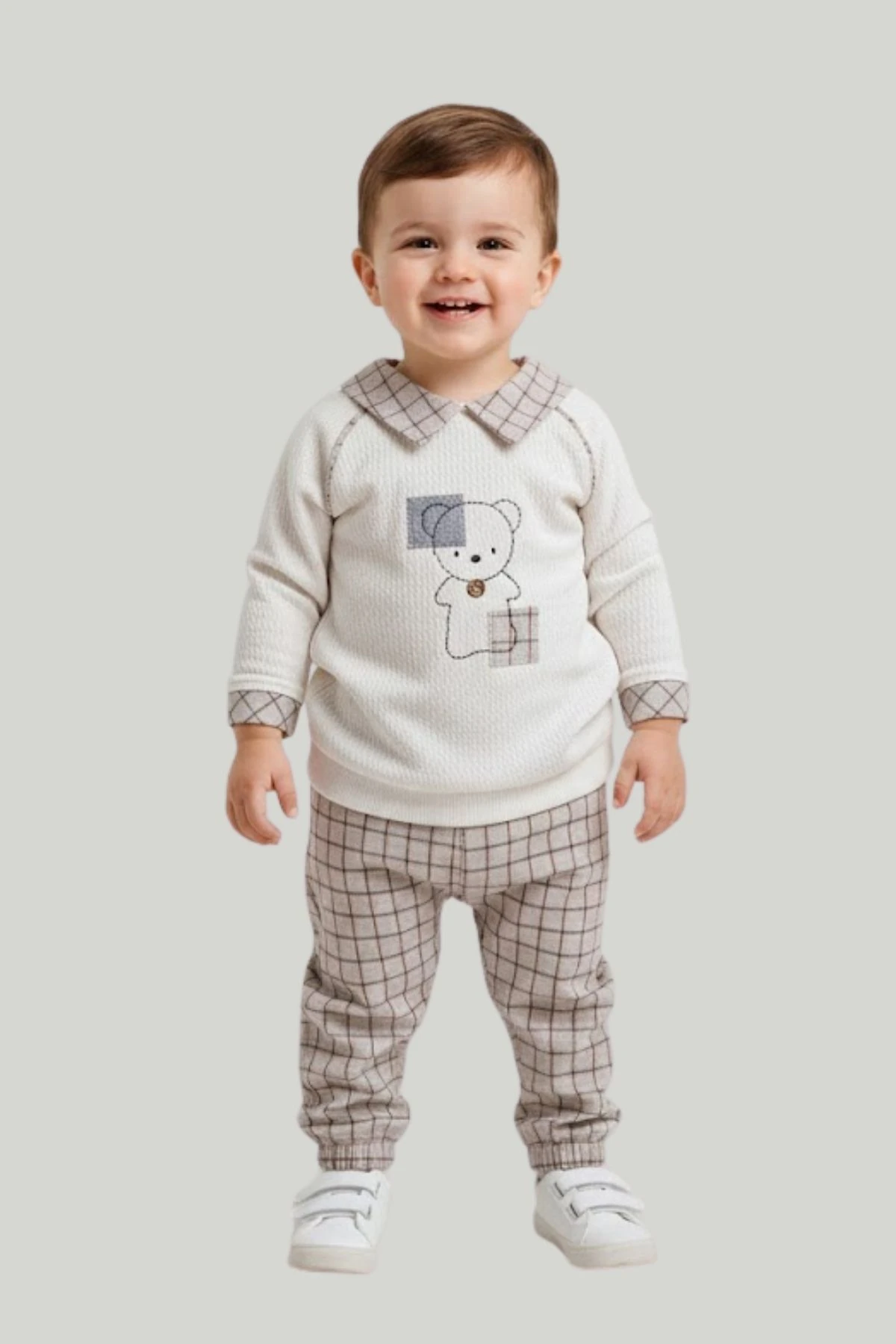Ayıcık Desenli Gömlek Yaka Kareli Erkek Bebek Takım