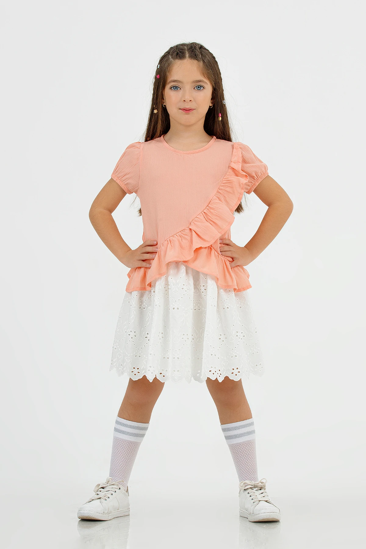 Çocuk Kız Fisto Etekli  Fırfır Detaylı Tşört Takım