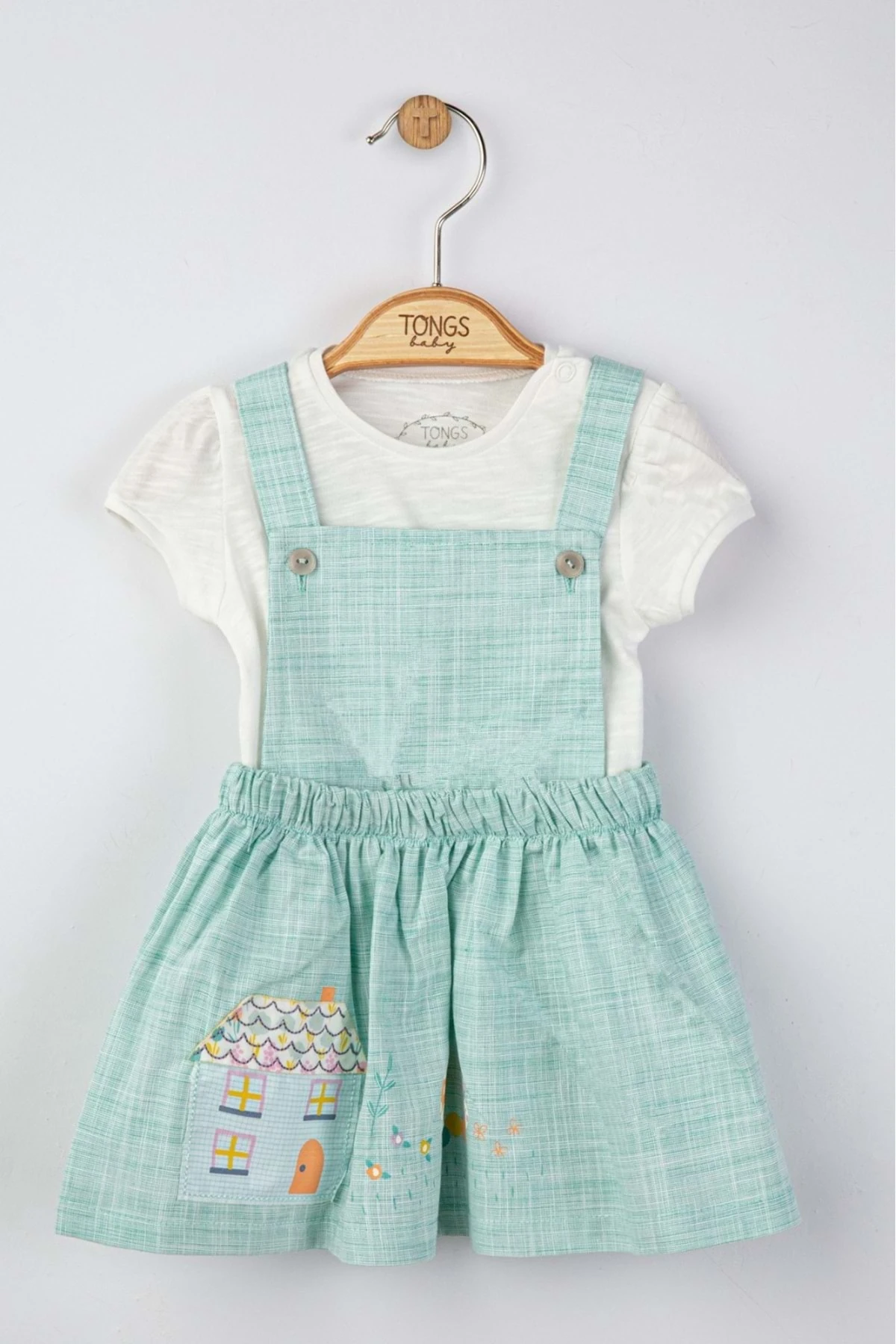 Ev Ve Hayvan Figürlü Mint Yeşili Salopet Elbise Ve Tişört Bebek Takım