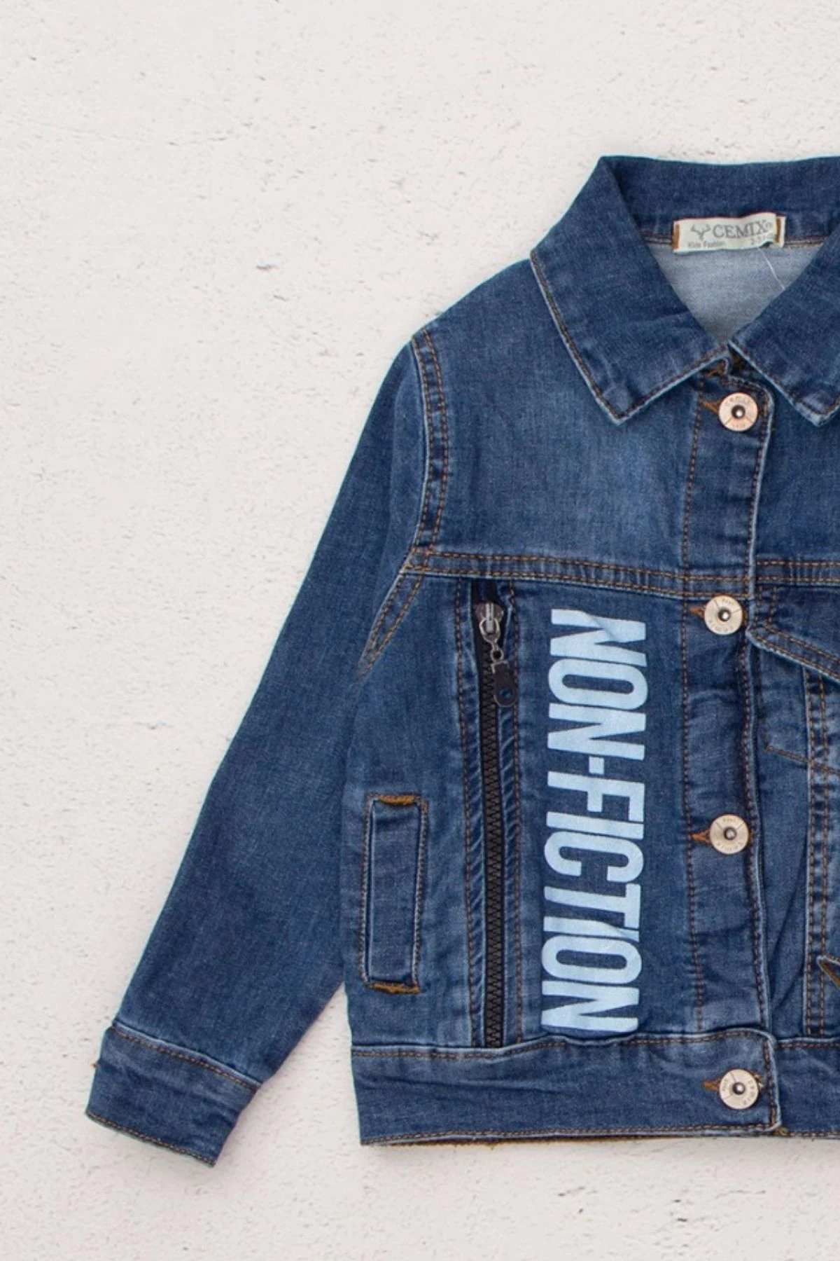 Önü Baskılı Likralı Erkek Çocuk Kot Ceket