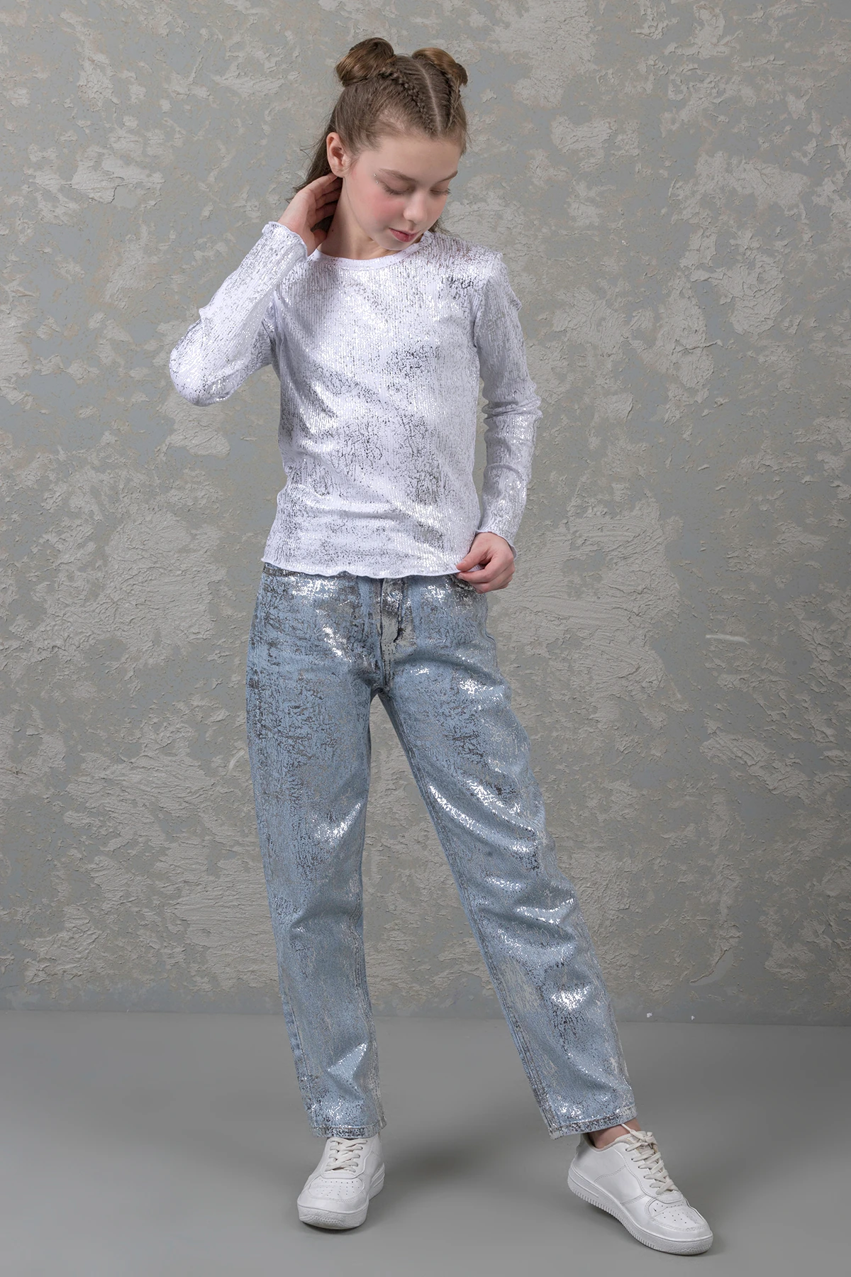 Varak Baskılı Ayarlana Bilir Bel Kız Kot Pantolon