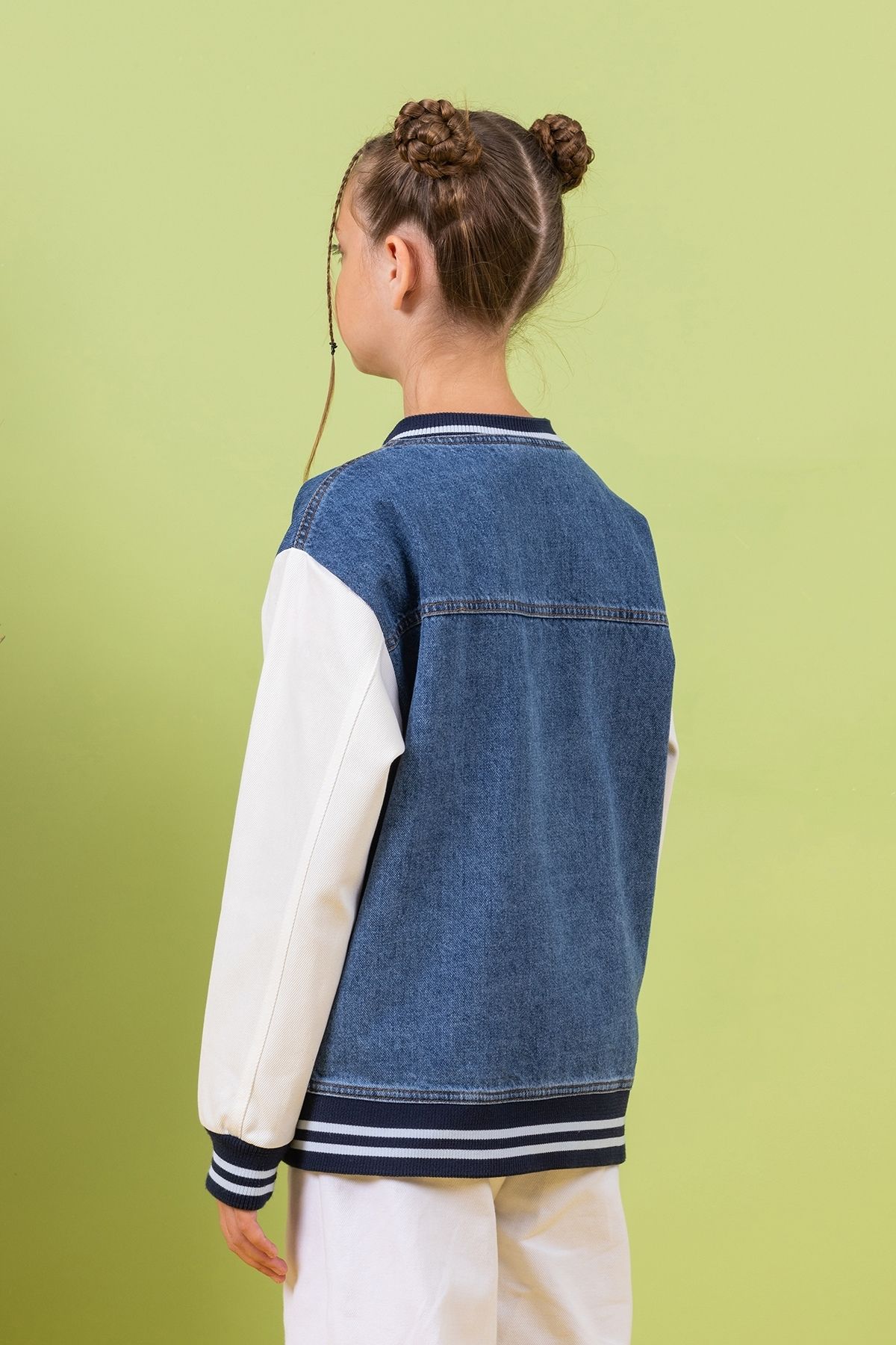 Kız Çocuk Bisiklet Yaka Önden Düğmeli Kot Kolej Hırka