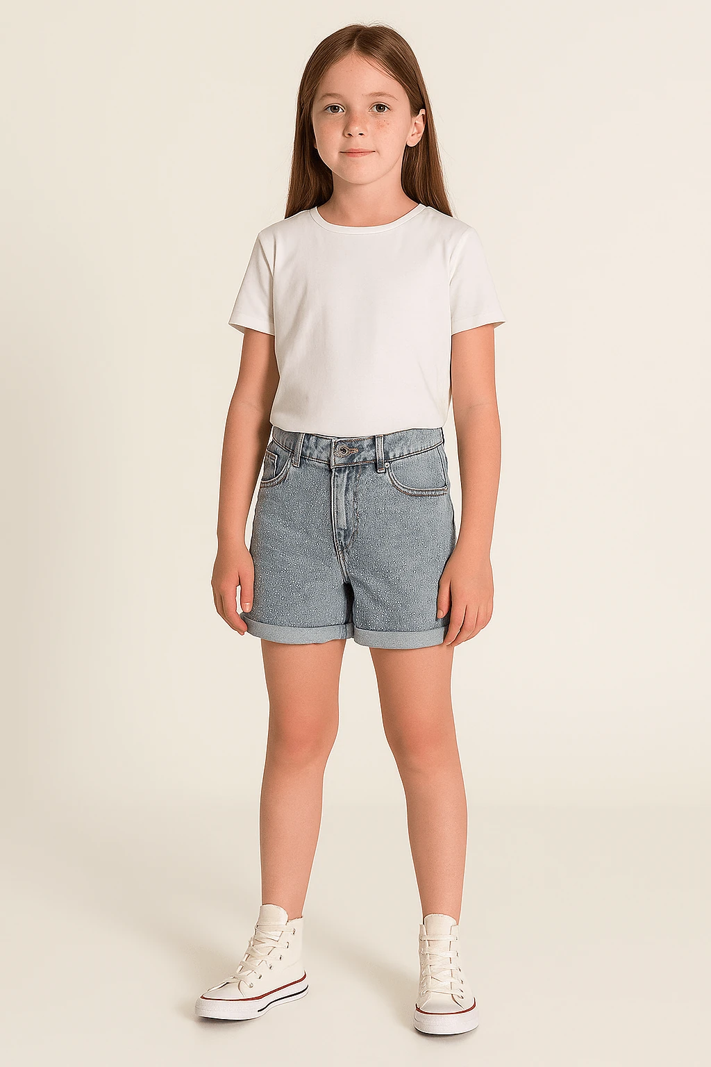 Aylanabilir Bel Taş Baskılı Kız Çocuk Kot Şort