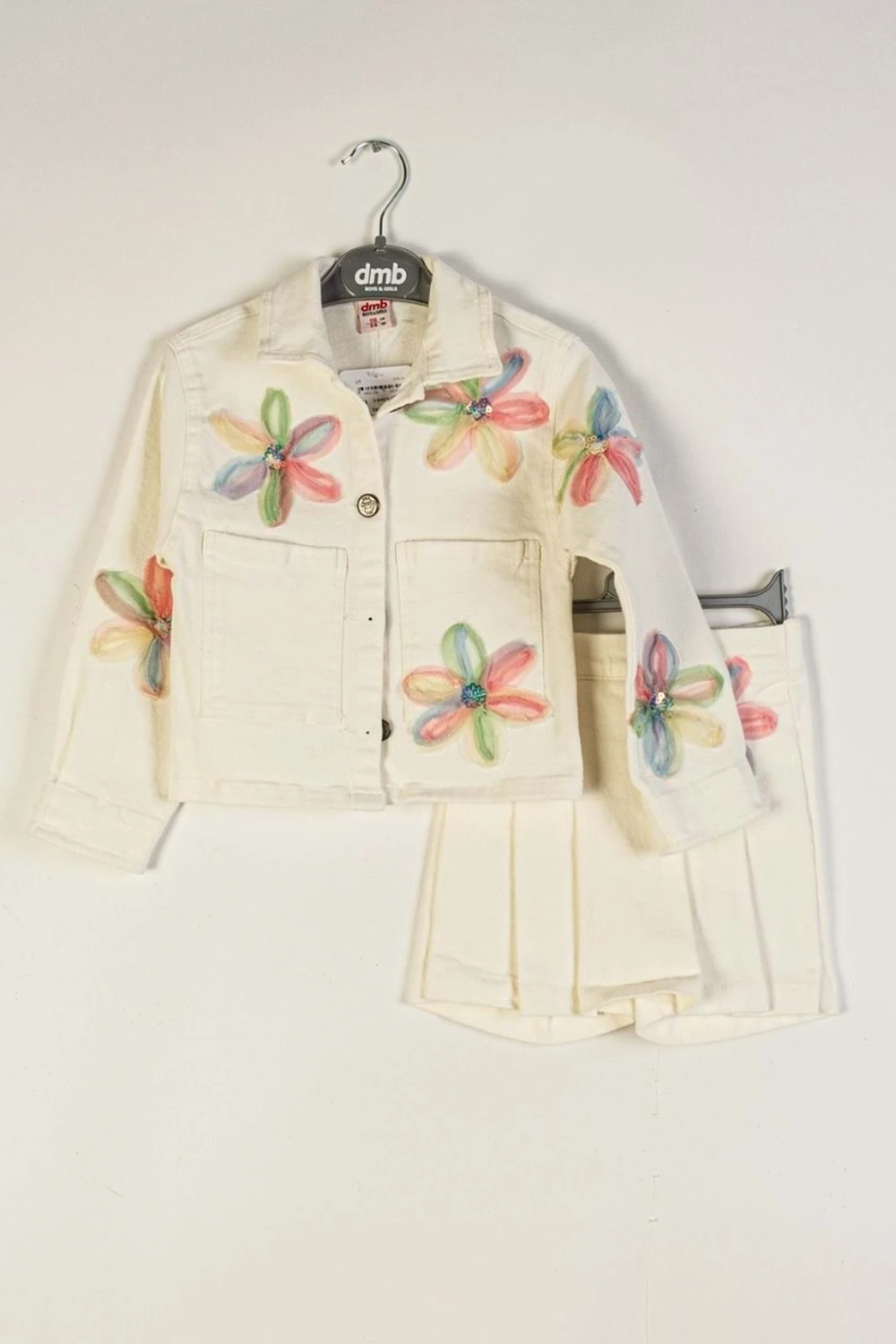 Çiçek Aplikeli Cepli Şort Etekli Kız Çocuk Ceketli Takım