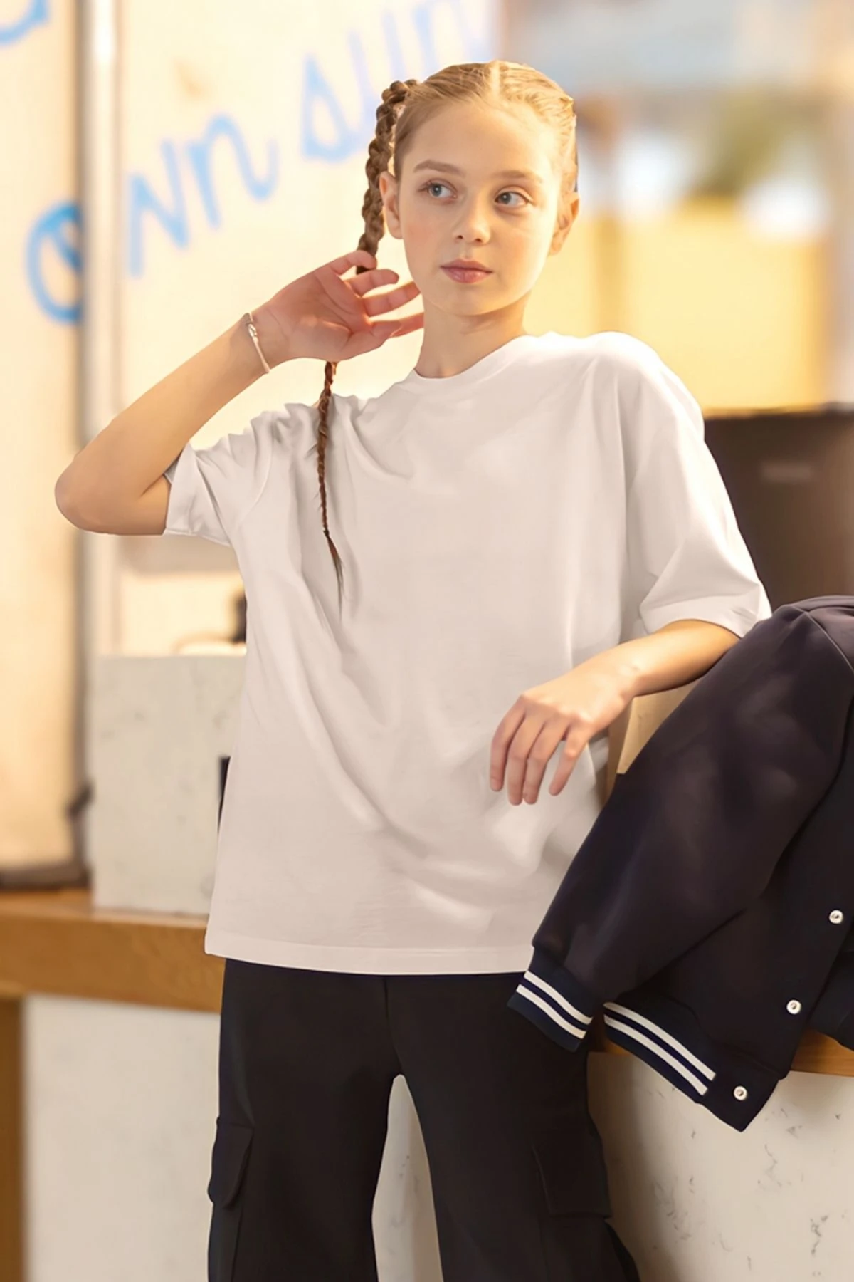 Kız Çocuk Beyaz Oversize Basic Tişört