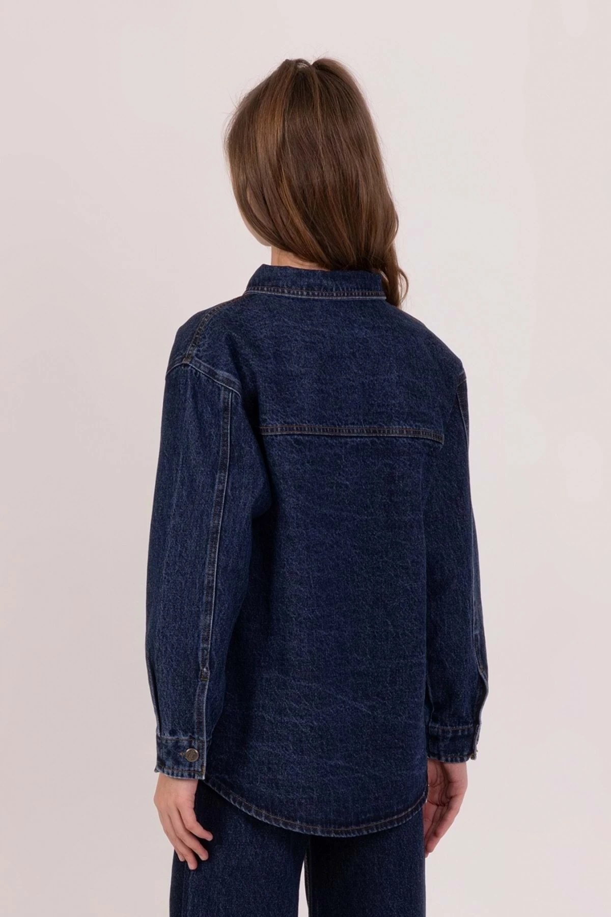 Yıldız Aplikeli Düğme Kapamalı Kız Çocuk Kot Gömlek - Lacivert