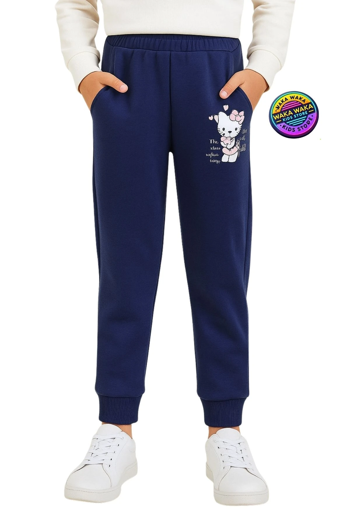 Kız Çocuk  Eşofman Altı  Gri Şeritli, Pembe Taşlı, Lacivert Baskılı