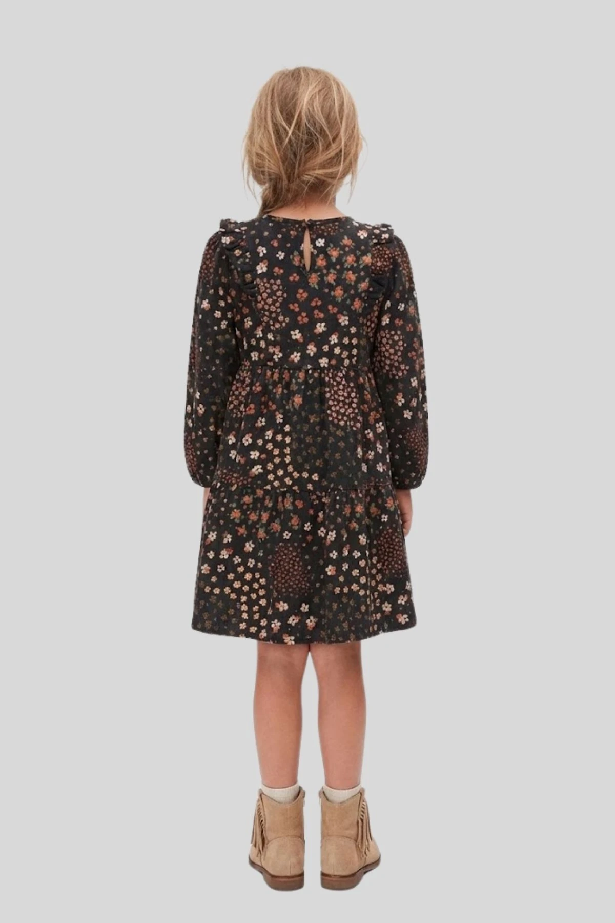 Çiçek Baskılı Omuz Fırfır Detaylı Kız Çocuk Elbise