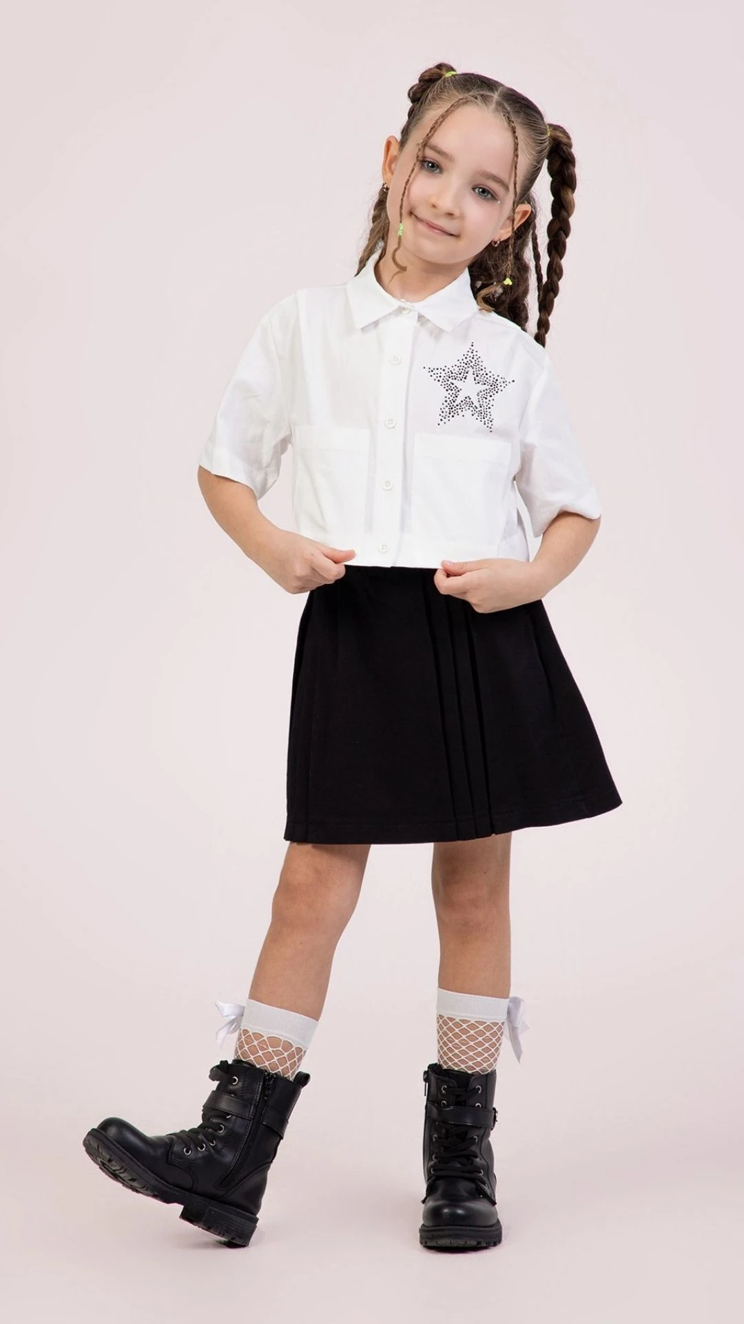Yıldız Taş Baskılı Gömlek Yarım Pilese Etekli Kız Çocuk Takım