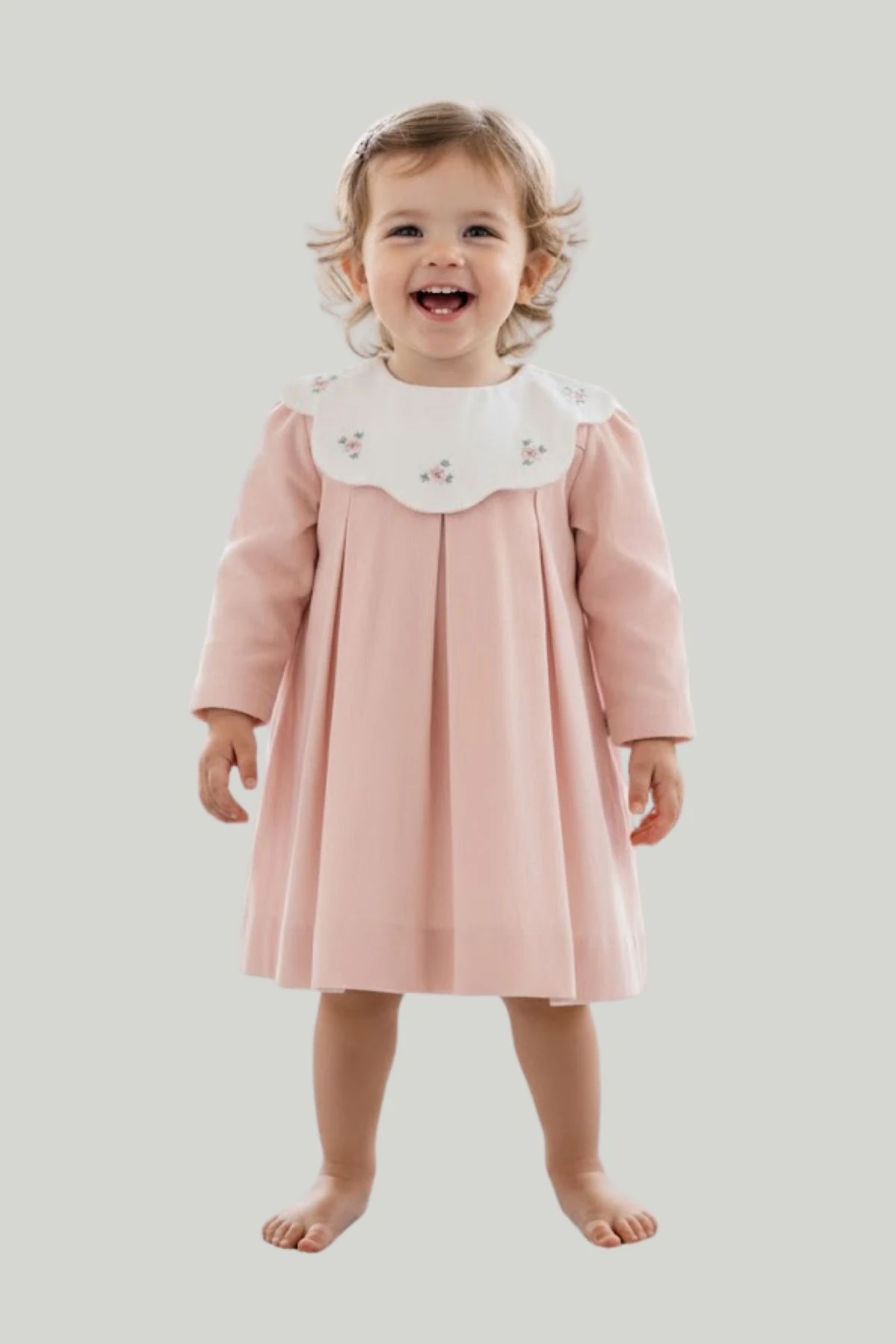Yakası Çiçek Nakışlı İnce Fitilli Kız Bebek Kadife Elbise