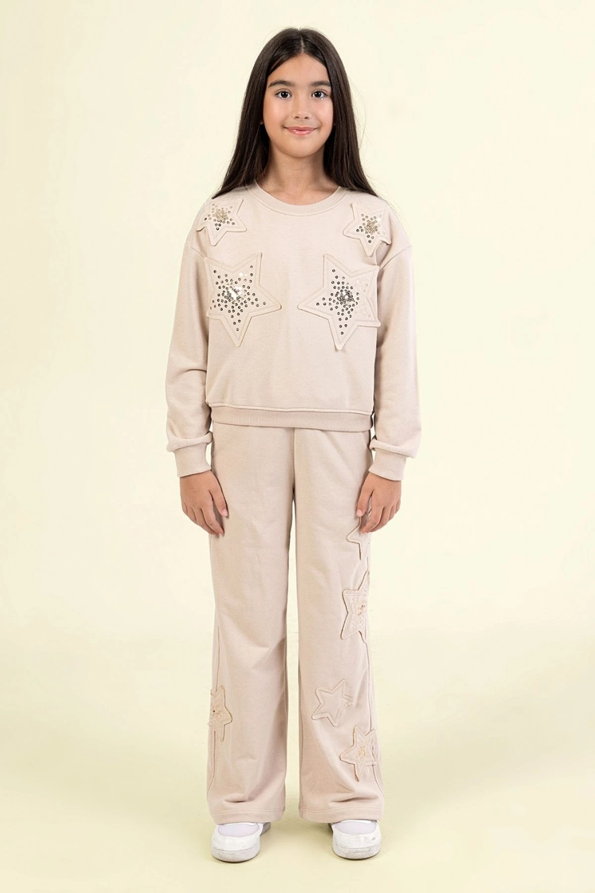 Kız Çocuk Taş Detaylı Yıldız Desenli İkili Takım – Sweatshirt & Eşofman Altı